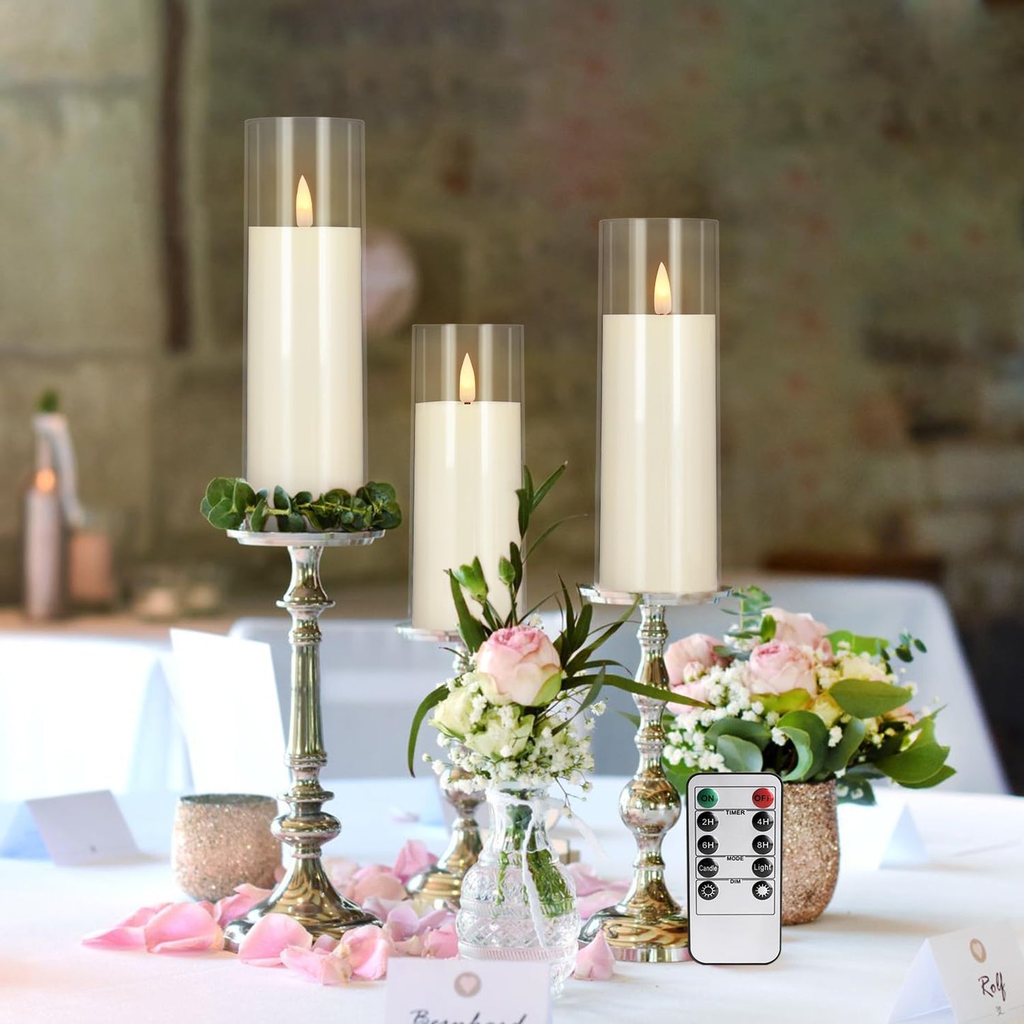 YOROXRG Flickering Flameless Candles Battery Operated with Remote and 2/4/6/8 H Timer Plexiglass LED Pillar Candles with Realistic Moving Wick for Home Decor Pack of 48 (D2.2 xH 5" 6" 7") (Ivory)