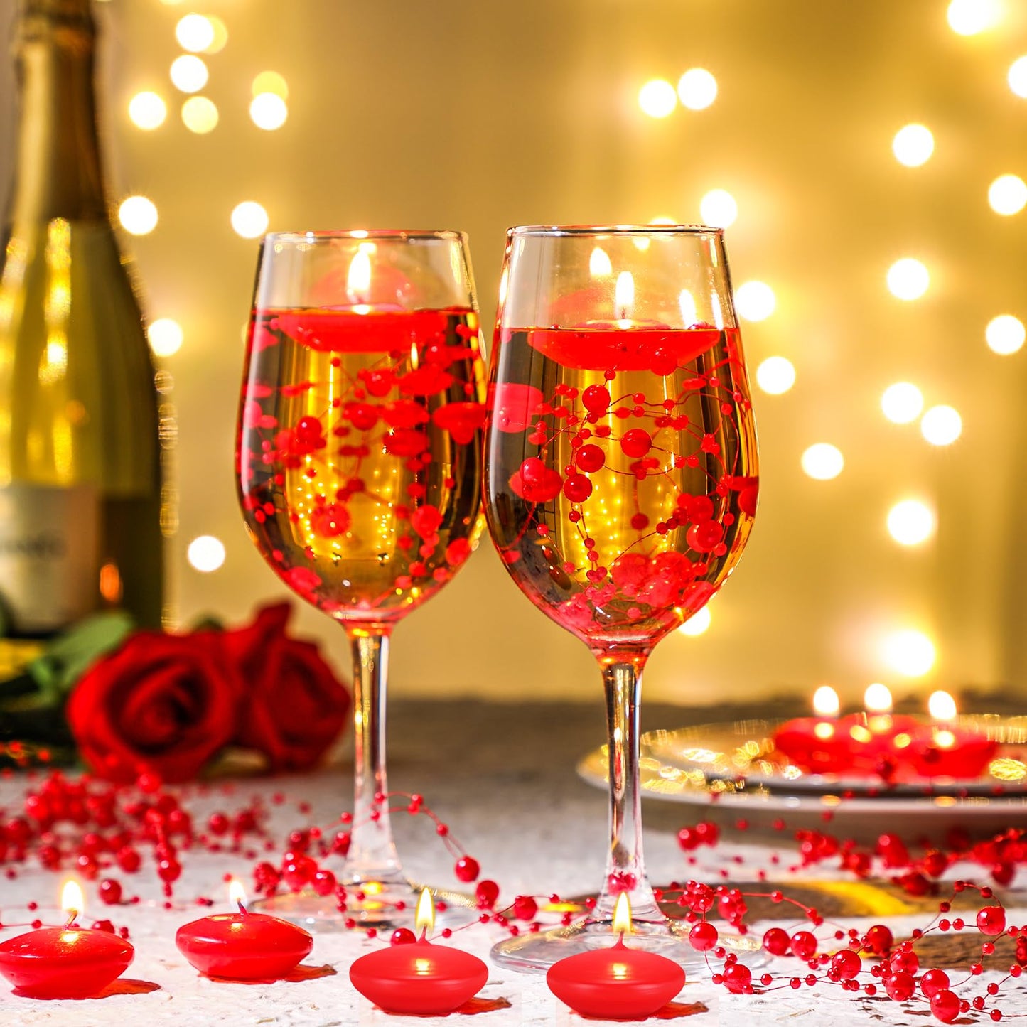 Fumete 40 Pcs Red Floating Candles with Pearl Strings for Wedding Centerpieces, Radiant Unscented Water Floating Tealights for Romantic Dinner, Party, Anniversary Decor