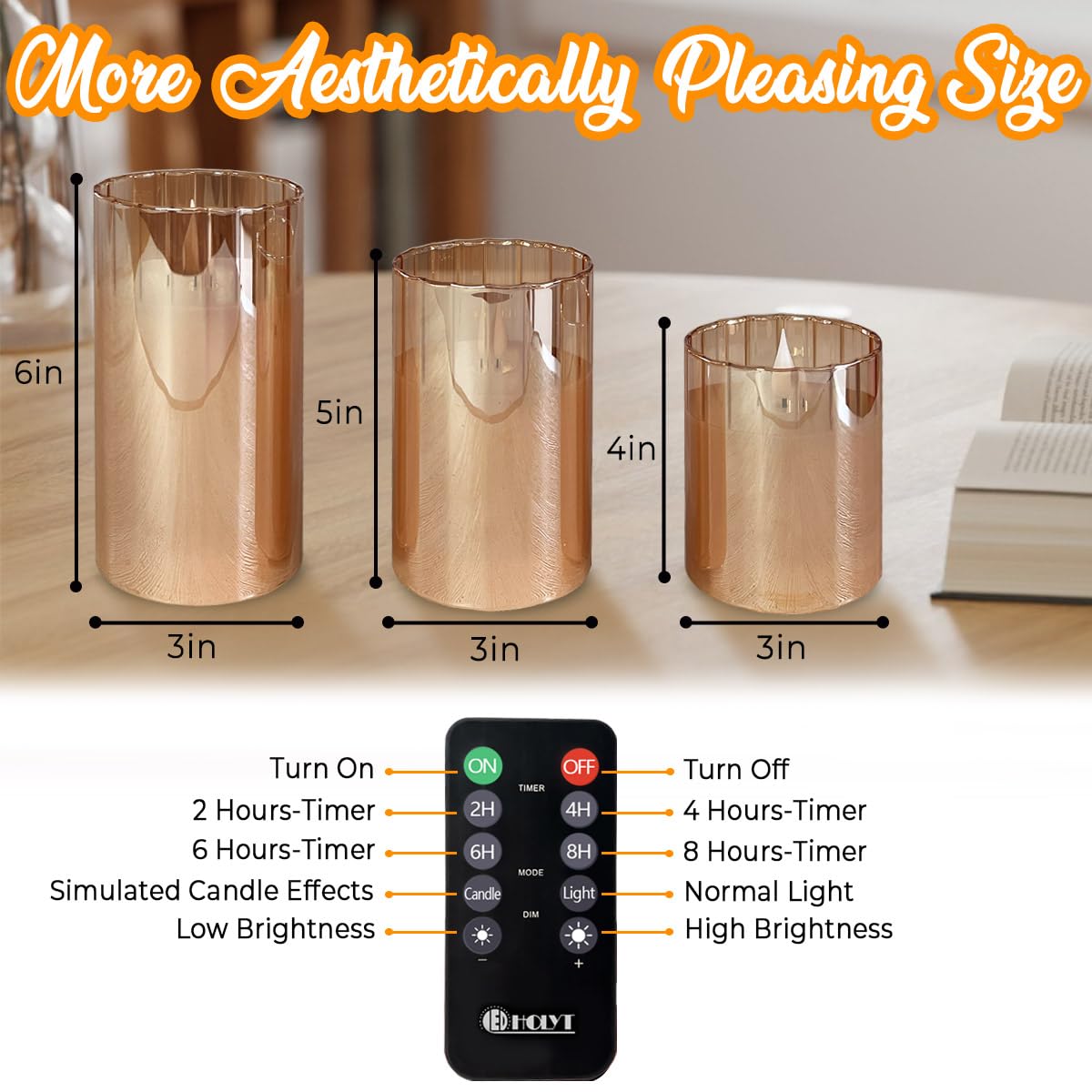 LEDHOLYT Rechargeable Flameless Candle, Flashing LED Pillar Real Wax Candle with Remote Control and Timer, Gold Stripes Glass Electronic Candles for Room Decoration, 1 Set of 3