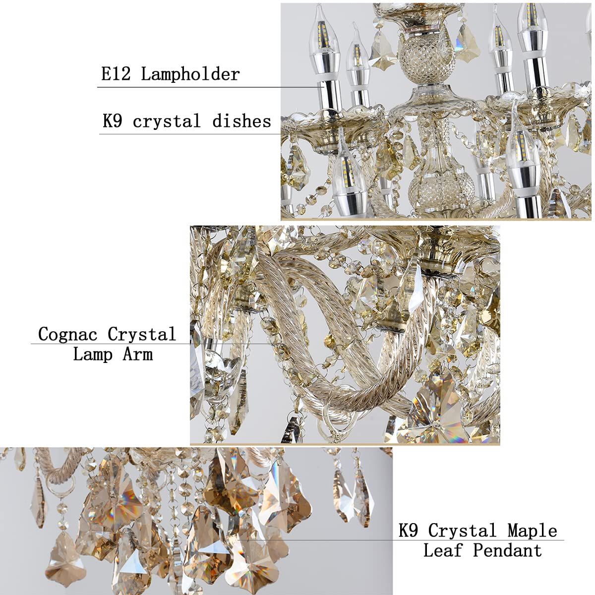 Durahonn Luxury Cognac Crystal Chandelier 18 Lights,Contemporary K9 Crystal Ceiling Chandelier Lighting Fixture Candle Style E12 Base for Dinning Living Room Bedroom Hallway (18 Lights)