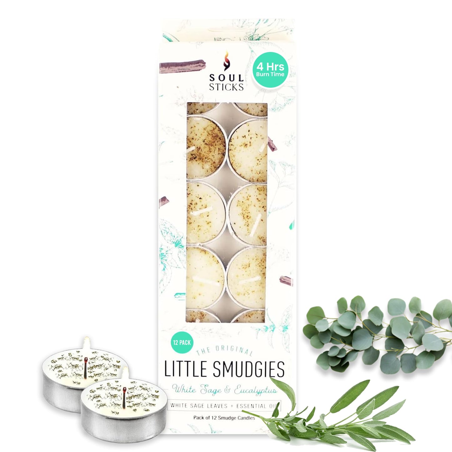SOUL STICKS 12 Pack Little Smudgies Tealight Candles Smudge Candle for Cleansing House, Meditation, Chakra Healing | Made with Crystals and Herbs (White Sage & Eucalyptus)