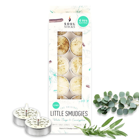 SOUL STICKS 12 Pack Little Smudgies Tealight Candles Smudge Candle for Cleansing House, Meditation, Chakra Healing | Made with Crystals and Herbs (White Sage & Eucalyptus)