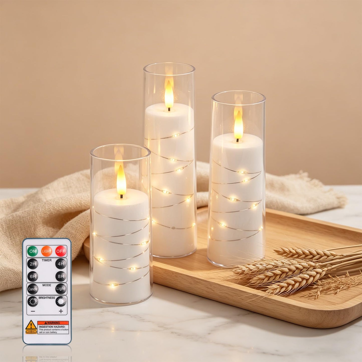 Raycare Flameless Candle with Remote Timer, 3 Flickering Acrylic Battery Operated LED Pillar Candles with Embedded Star String for Home Decor(White)