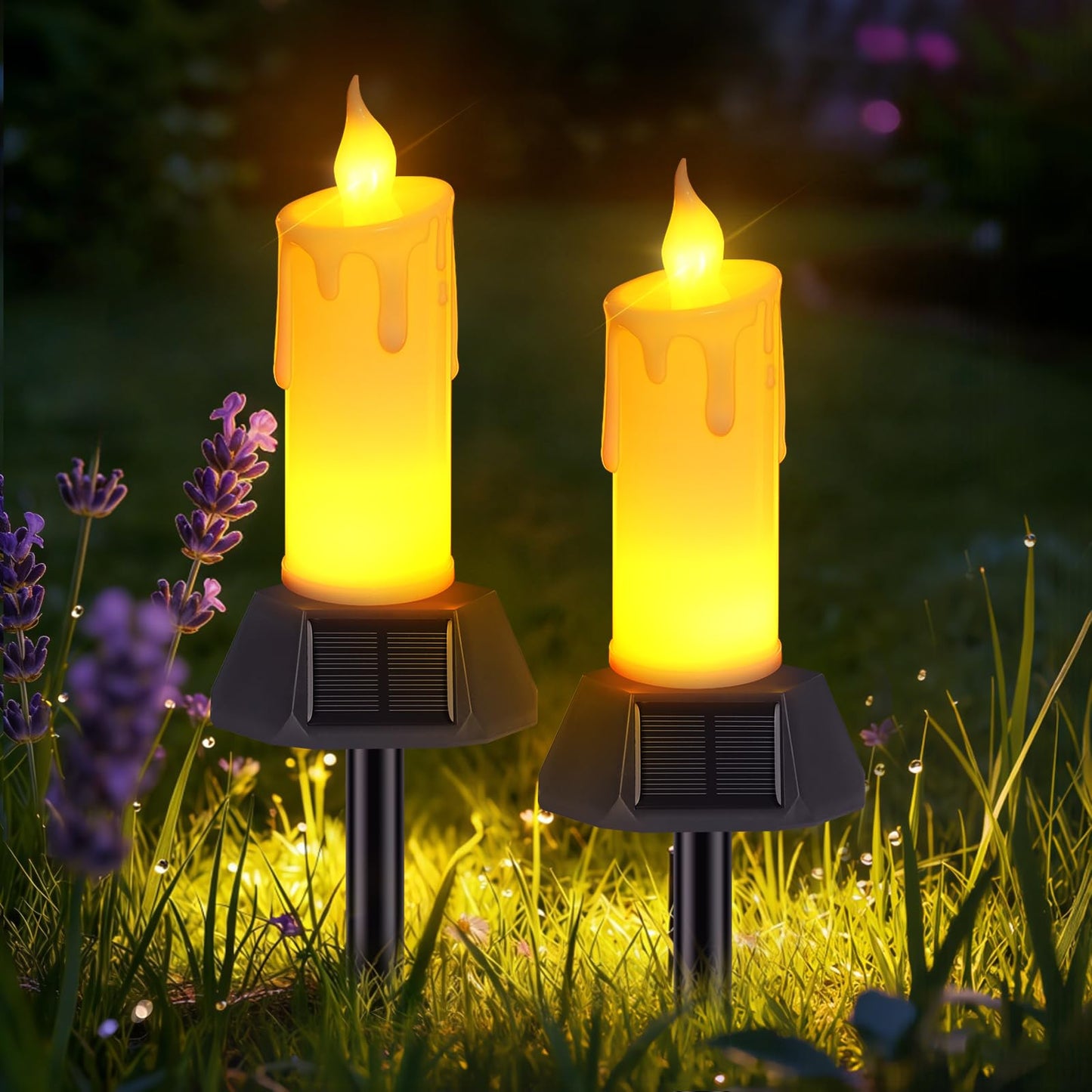 Weddinay Solar Flameless Candles Outdoor Waterproof, Patented Dual-LED Flickering Flame 7" Dripping Wax Pillar with Detachable Stake, 3-Sided Solar Base for Patio, Cemetery (2 Pack)