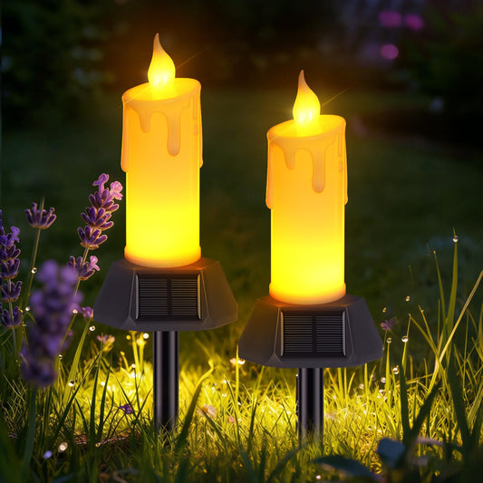 Weddinay Solar Flameless Candles Outdoor Waterproof, Patented Dual-LED Flickering Flame 7" Dripping Wax Pillar with Detachable Stake, 3-Sided Solar Base for Patio, Cemetery (2 Pack)