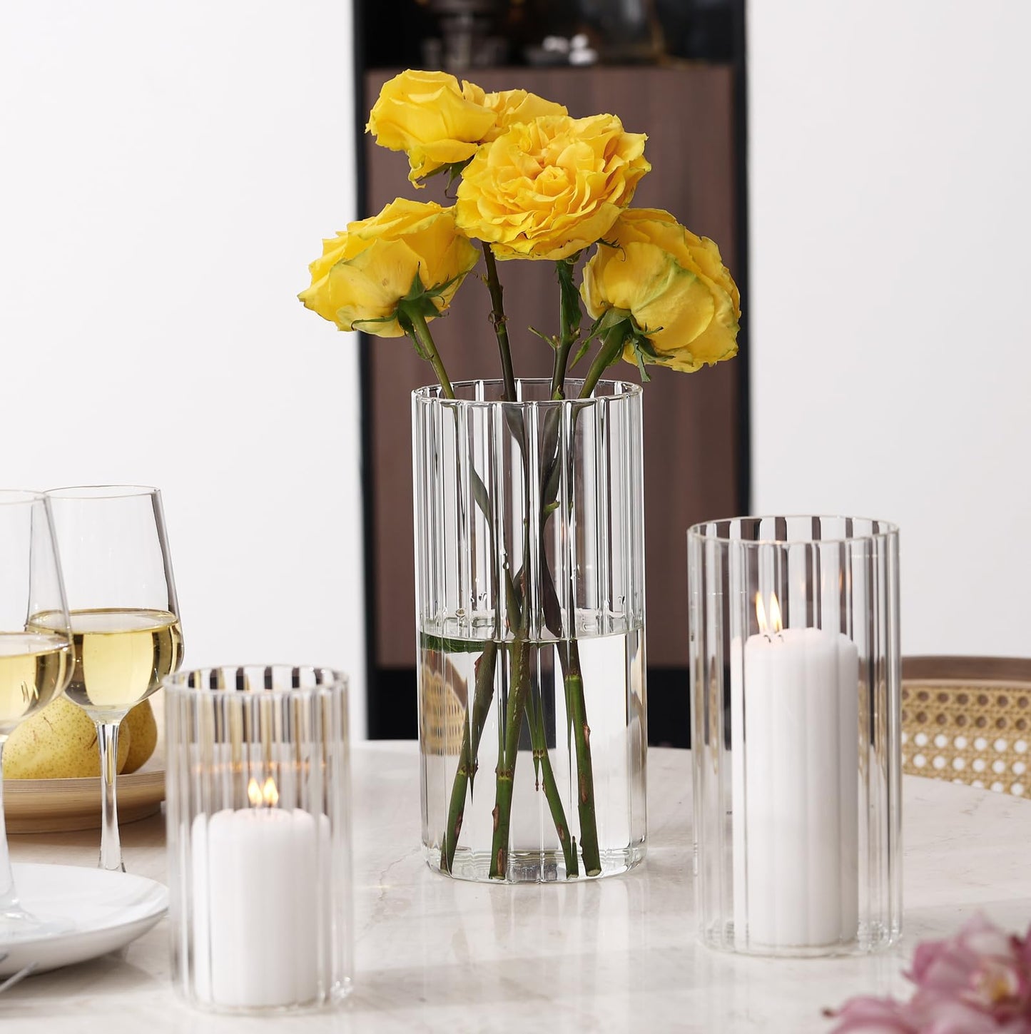 PHOSPHOR 6 PCS Ribbed Glass Candle Holder, Cylinder Candle Holders for Pillar Candles, Clear Glass Hurricane Candle Holders 6'', 8'', 10'' Glass Cylinder Centerpieces Vases