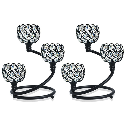 KEHAIL Metal Crystal Candle Holder Set of 2 - Elegant 3-Arm Metal Tea Light Centerpiece with Shining Crystal Bowl, Wedding Anniversary Table Decor for Dining, Party (Black, 2 Pcs 3 Arm)