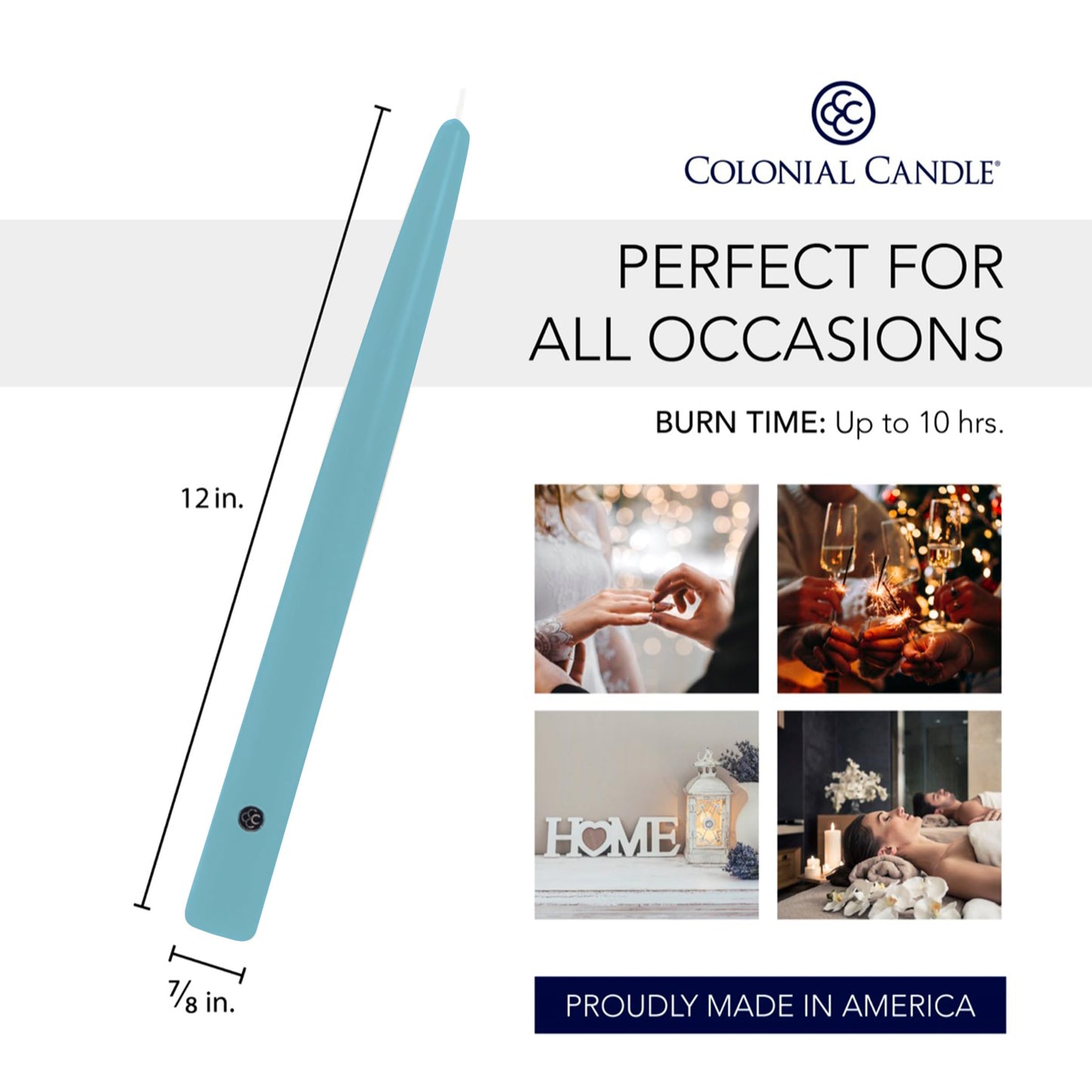 Colonial Candle Unscented Taper Candle, Handipt Collection, Coastal Blue, 12 in, Pack of 12 - Up to 10 Hours Burn