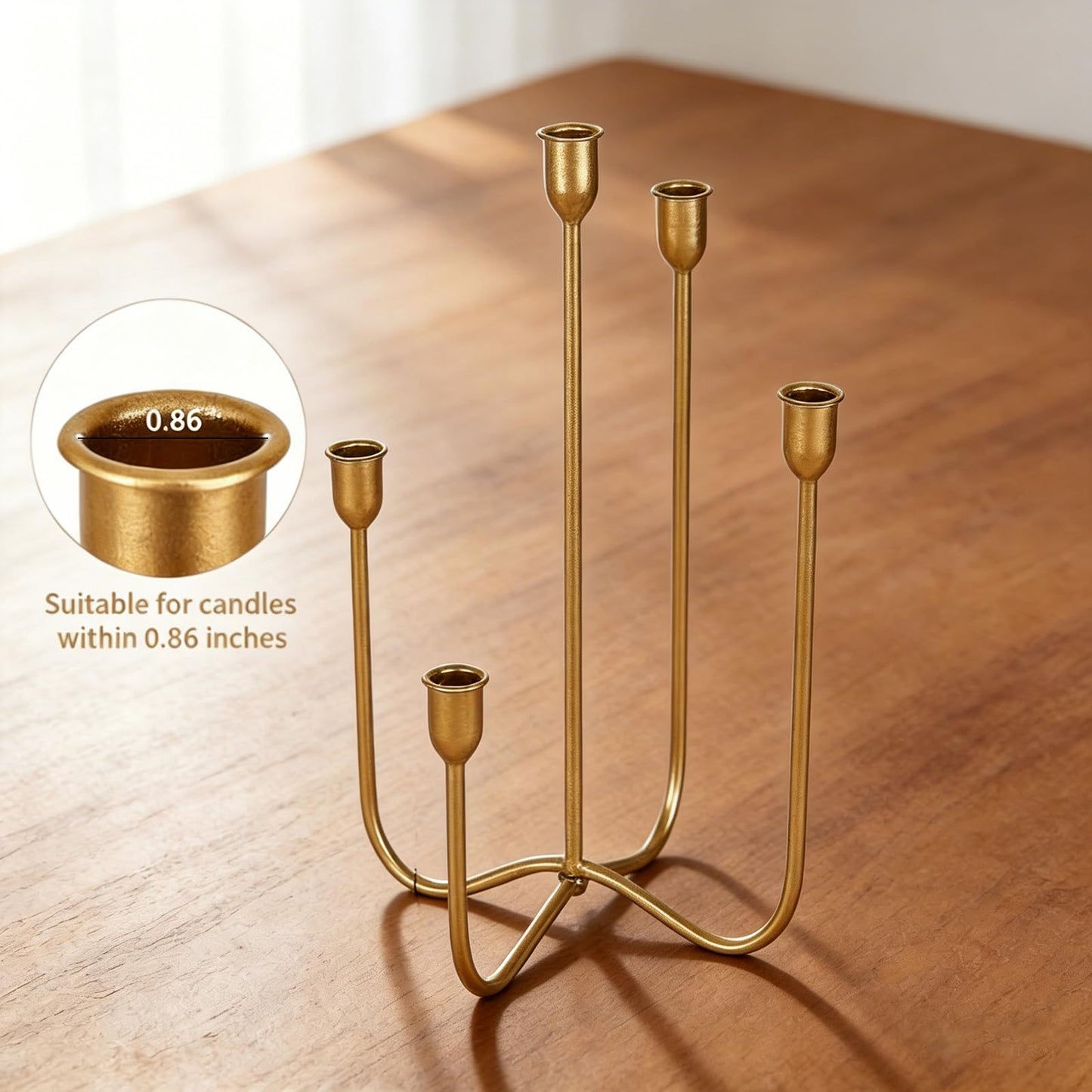 Vrnikhub 5 Arms Cast Iron Metal Candelabra, 15 Inch Tall Antique Brass Candlestick Holders, Tabletop Candle Stand for Wedding Events Dining Room Decor, Fits Taper & LED Candles