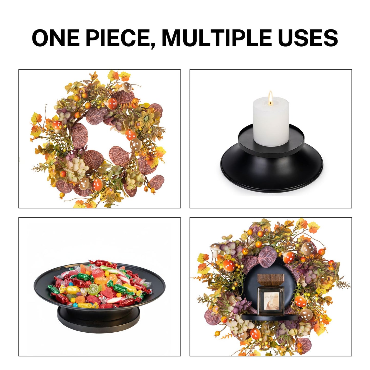 MOYEE Candle Holder Centerpieces for Tables,Candle Ring,Wreaths, Black Metal Candle Stick Paired Artificial Flowers 14 in Versatile Dining Table Centrepiece (Daisy Mushroom Wreath)