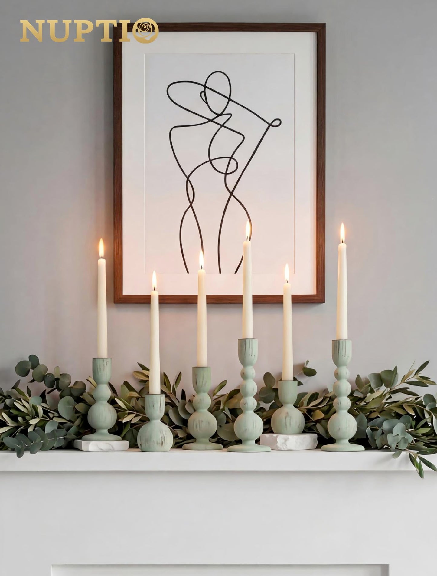 NUPTIO Candle Stick Holders Decor: Set of 3 Farmhouse Wooden Taper Candle Holders - Rustic Sage Green for Home Coffee Dinner Table