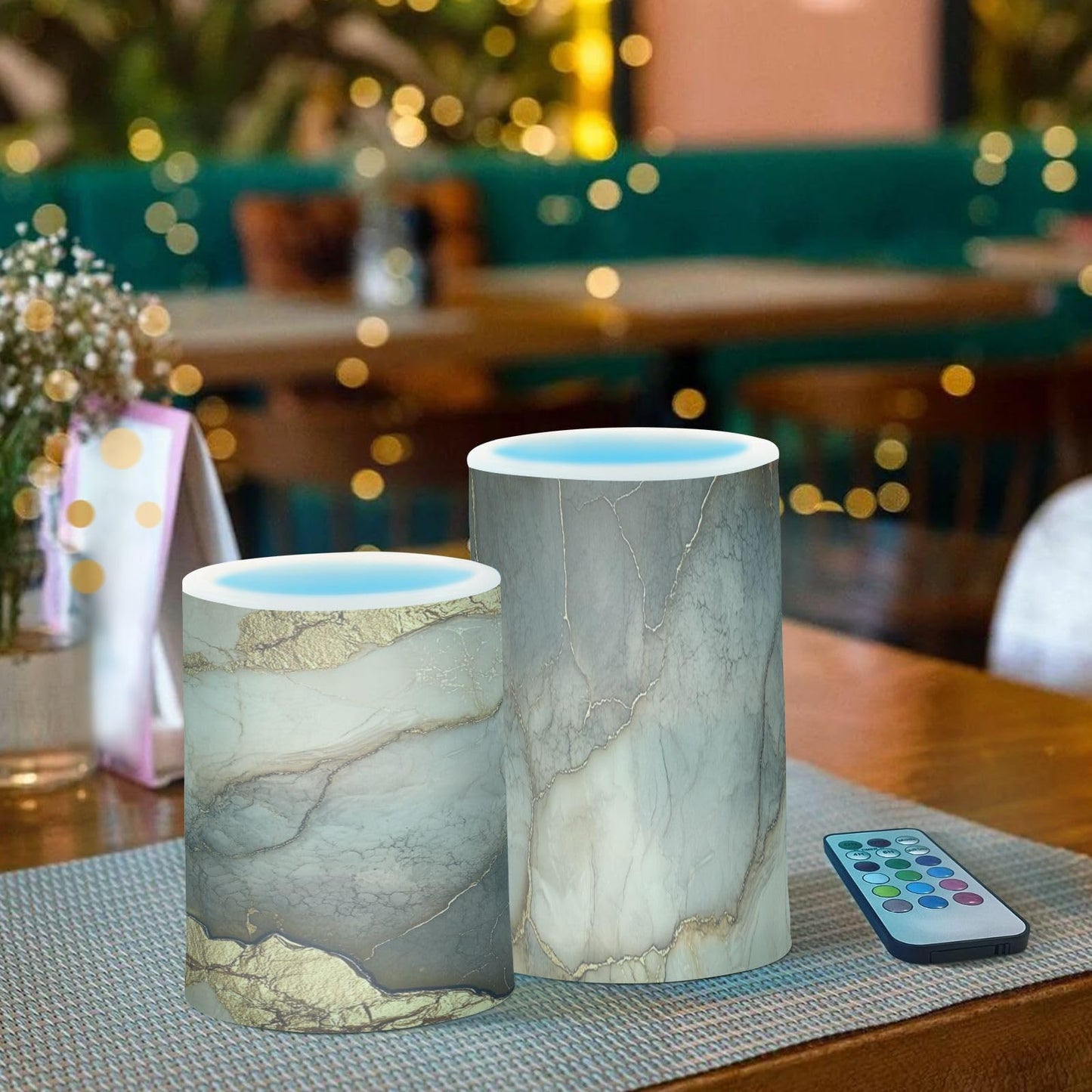 Zathe Flameless Flickering Candles Remote Led Pillar Candles for Home Decor Marble Brown Beige