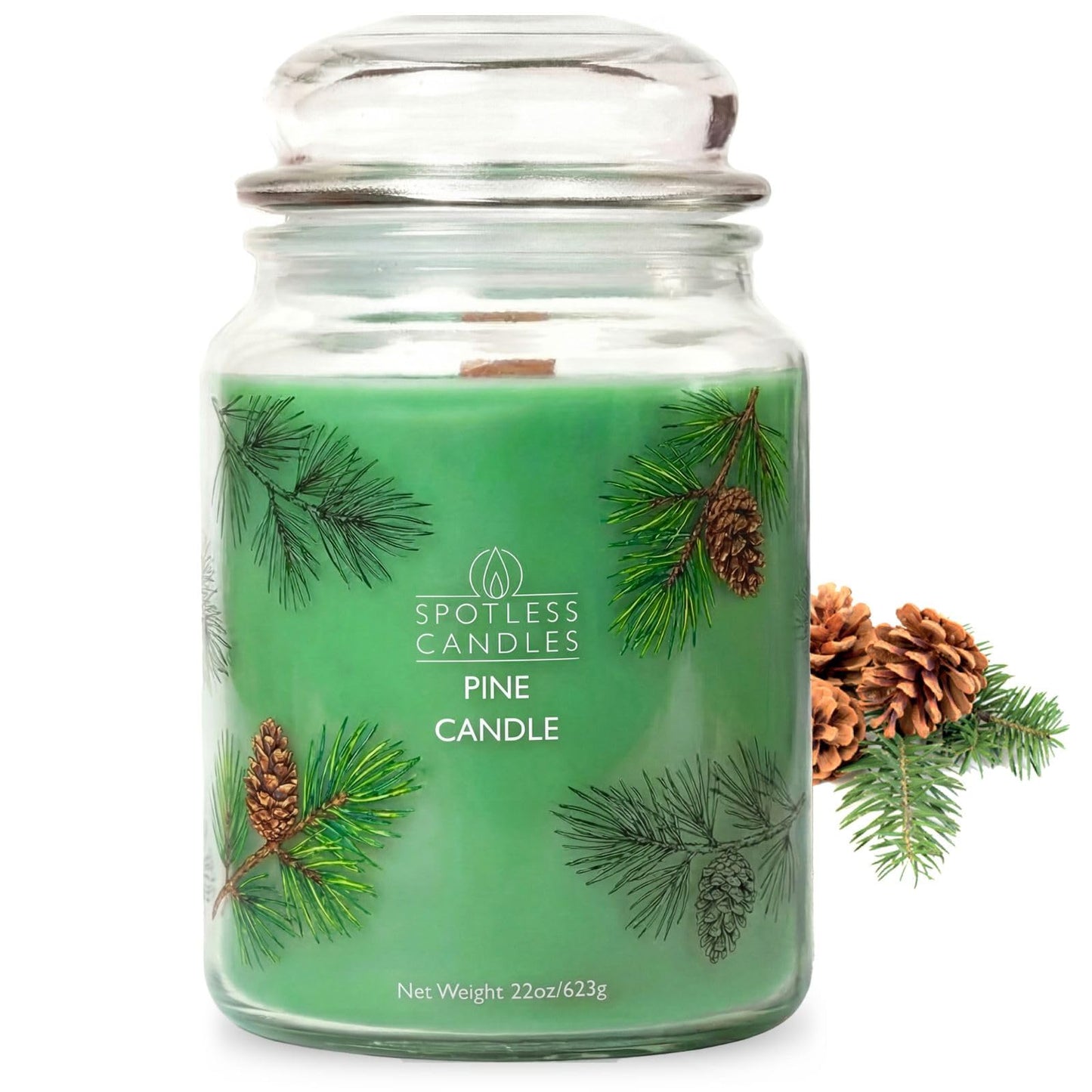Pine Candle 22oz: 130 Hours Burn Time Hybrid Soy Candles Crackling Wooden Wick, in a Luxury Gift Box in a Protective Shipper by Spotless Candles