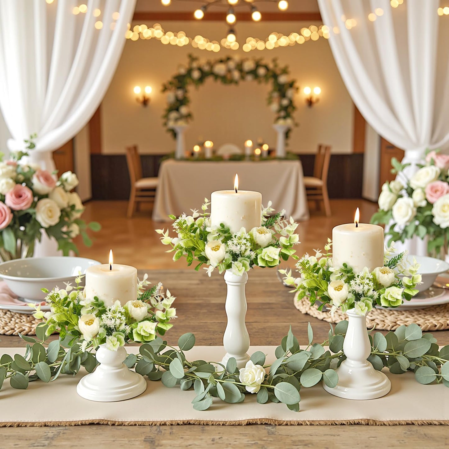 KHOYIME Floral Candle Rings Wreath 4PCS Small Spring Summer White Artificial Flowers Greenery Wreaths for Pillars, Mini Candle Holder Kitchen Cabinets Table Centerpieces Wedding Party Farmhouse Decor