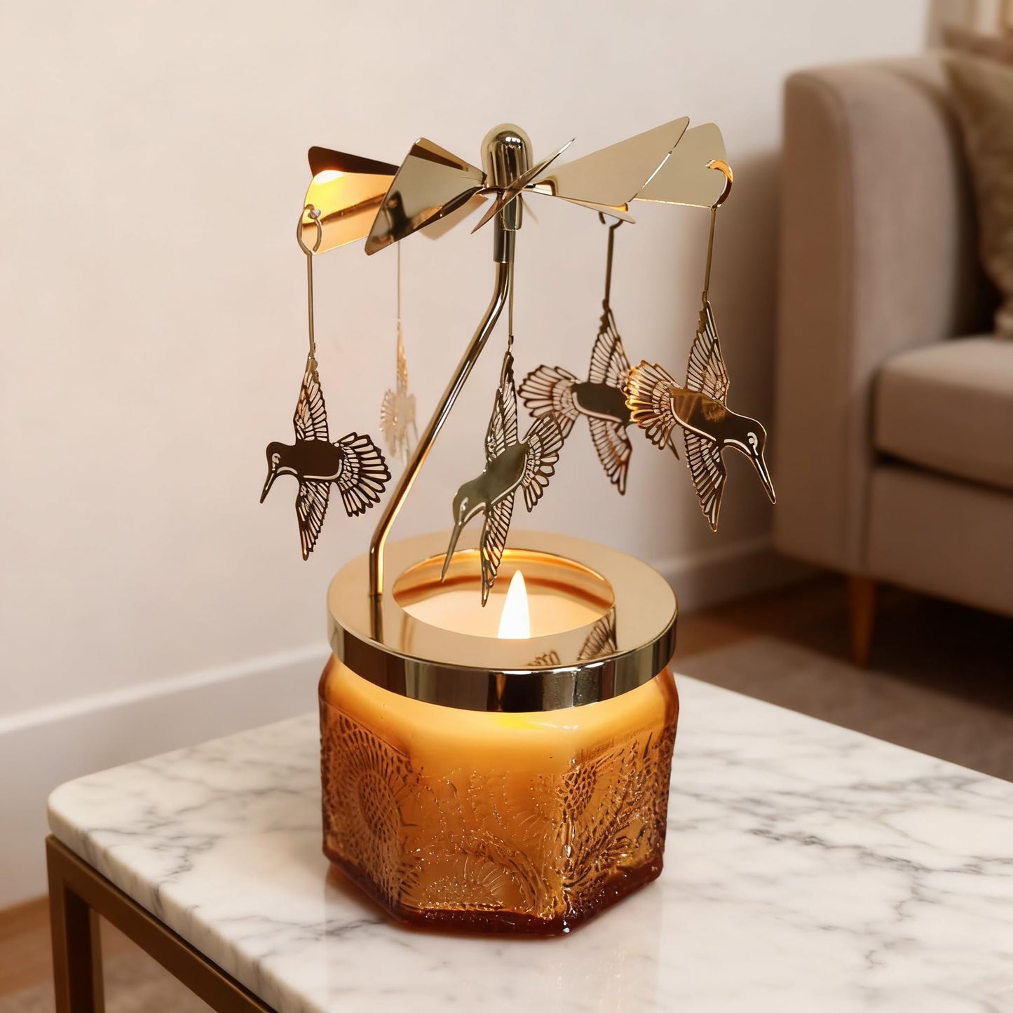 kingnero Lavender Scented Candle Carousel Rotary Candle Holder Spinning Tea Light Holder Birthday Gifts for Women, Mom, Wife, Girlfriend, Sister, Female Friends, (Golden Hummingbird)
