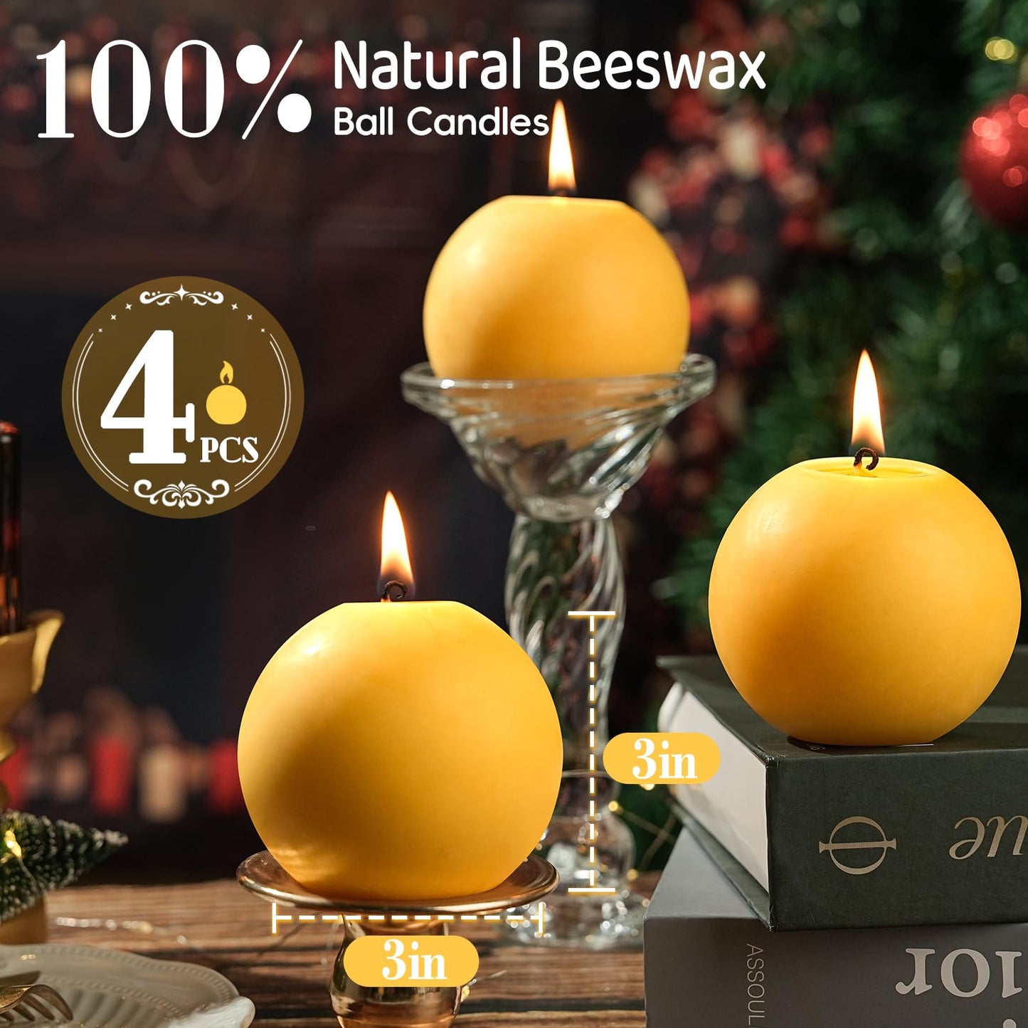 4 Pack Beeswax Round Candles,3 in Hand-Poured Natural Beeswax Candles- 120 H Long Burning Elegant Bees Wax Candles for Home,Non Toxic,Unscented Dripless Smokeless Beeswax Candle