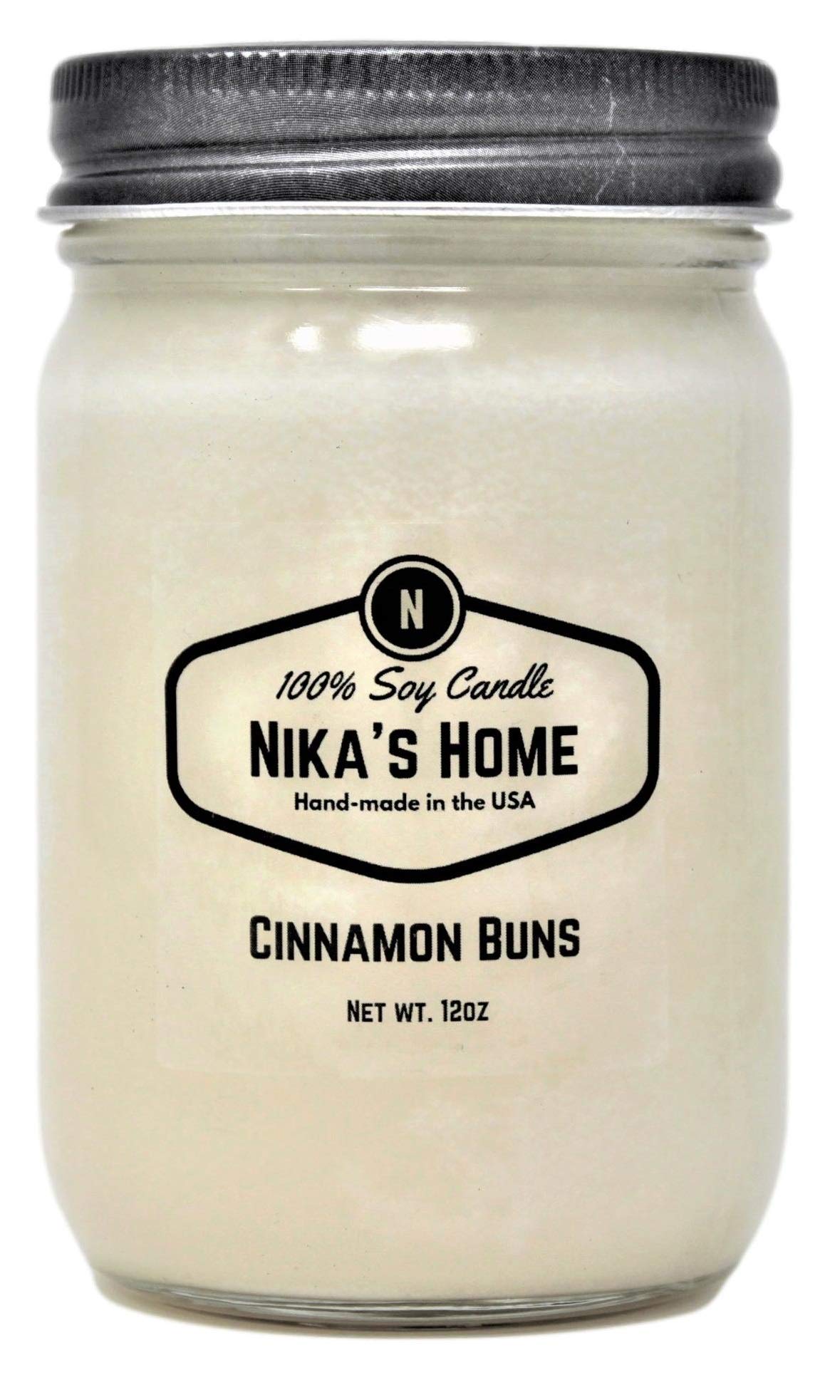 Nika's Home Cinnamon Buns Soy Candle - 12oz Mason Jar - Non-Toxic - Hand Poured in The USA, Long Burning 50-60 Hours Highly Scented All Natural, Clean Burning