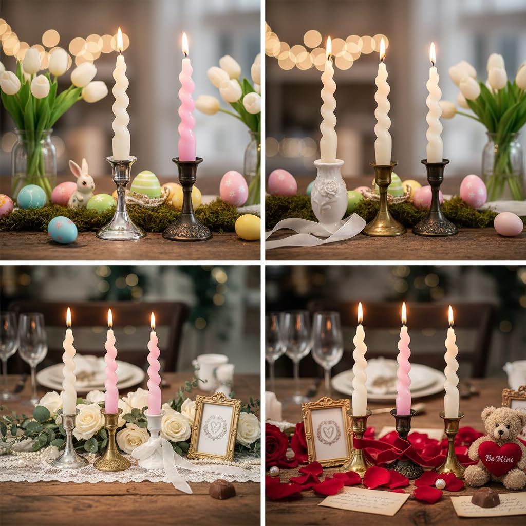 White & Pink Spiral Taper Candles - 7 Inch Short Twisted Candlestick Set, Dripless Decorative Candle Sticks for Easter Wedding Table Centerpiece Mother’s Day Home Party Decor,4 Pack