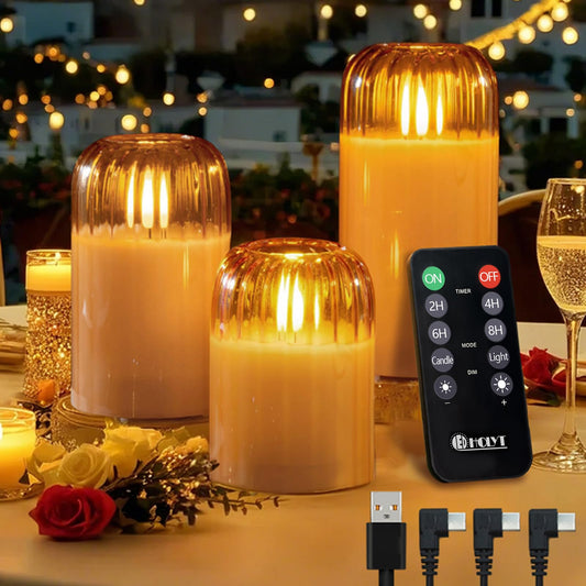 LEDHOLYT Rechargeable Jar Flameless Candle, Flashing LED Pillar Christmas Candle with Remote Control and Timer, Gold Pumpkin Glass Electronic Candles for Room Decoration, 1 Set of 3