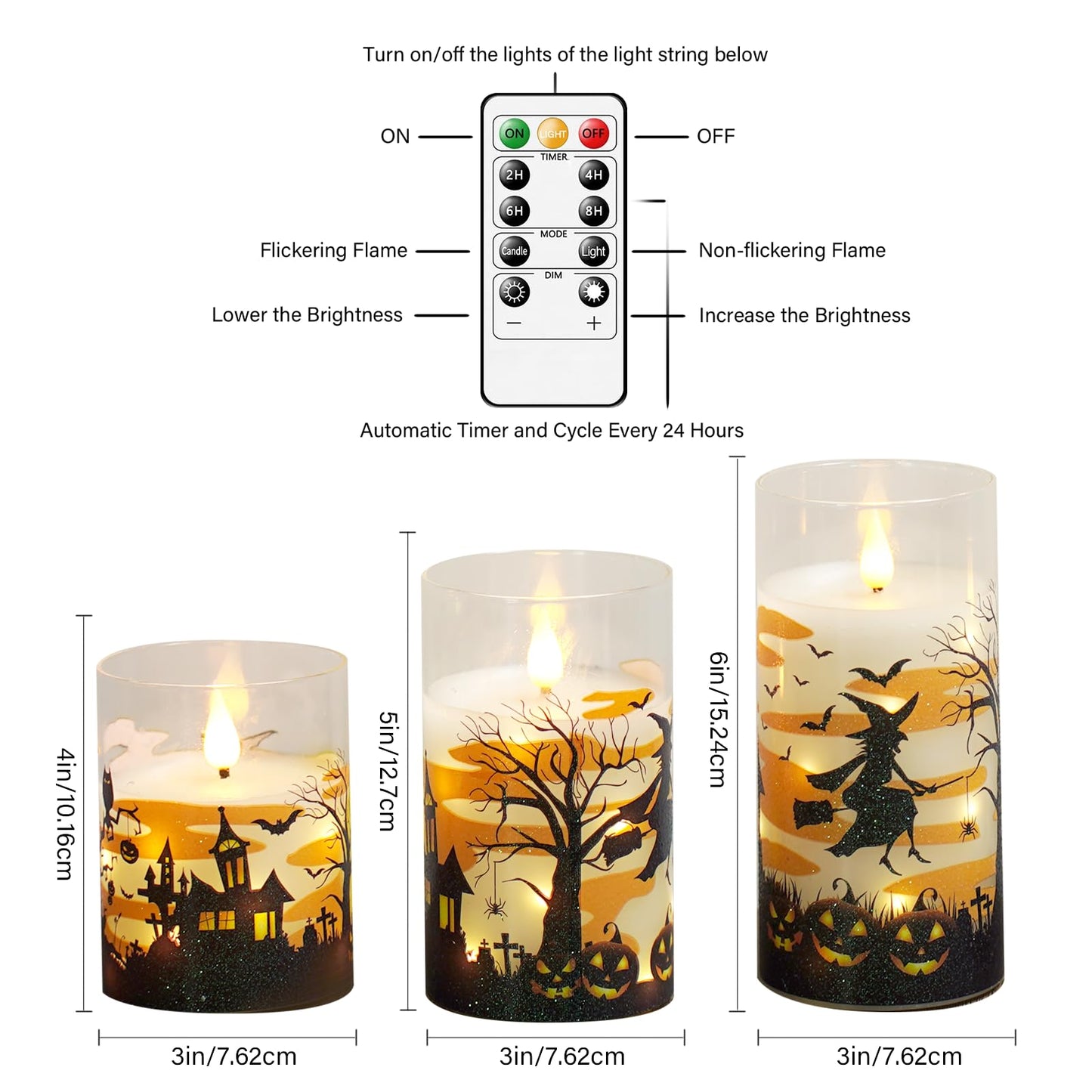 JINYANIA Flameless Candles Real Wax Realistic Halloween Candles with Glass Shell, Battery Operated LED Pillar Candle with Remote Timer, Ideal for Halloween Home Decor（D 3"*H 4" 5" 6" ）