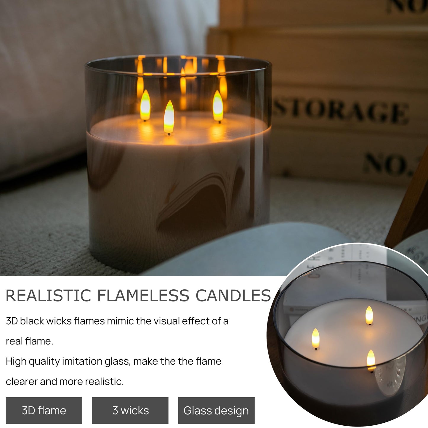 AFINETH Extra Large Flameless Candles with 3 Wicks, 6"x6" Glass Battery Operated Candles with Remote, Real Wax Flickering LED Candles Fake Candle for Home, Wedding, Party, Gray