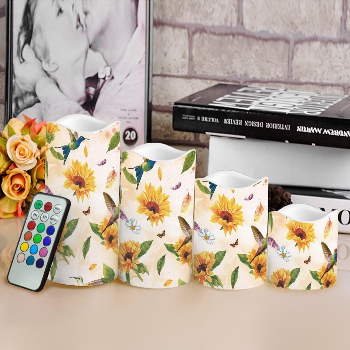 Ystardream Sunflower Hummingbird Flameless Candles with Timer Led Candles Flickering 4 Candle Sets for Home Decor,18 Key Remote Control，Dancing Flame, True Wax, Battery Powered.