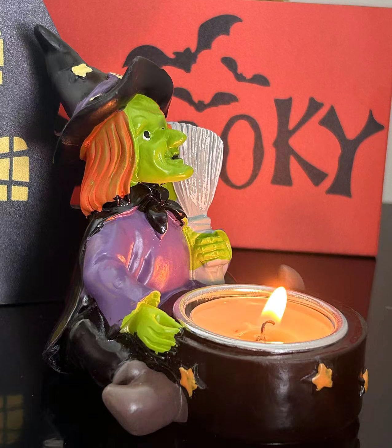 Halloween Candle Holder Spooky Witch with Broom Tealight Candle Holder Scary Halloween Decorations - Skeleton Skull Candle Holder for Bedroom Living Room Mantel Shelf Tabletop Décor