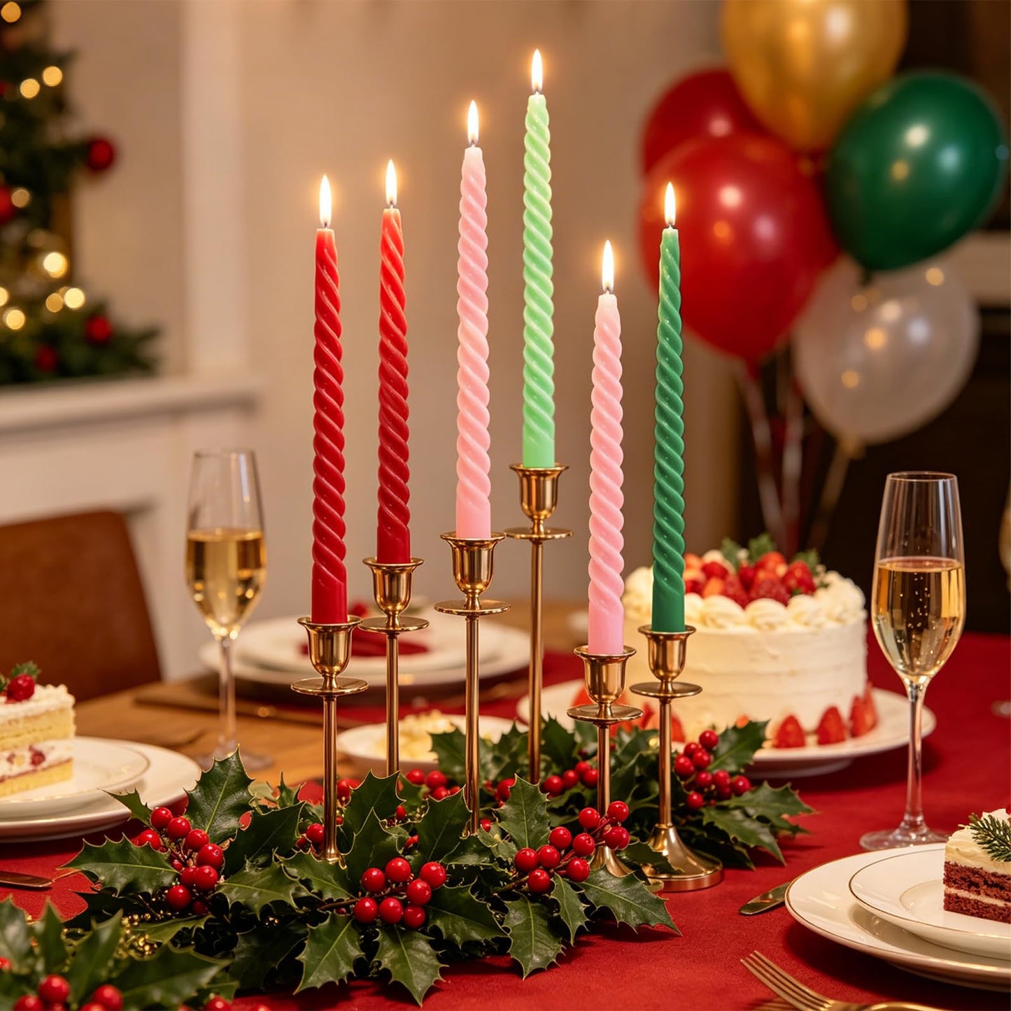 Whaline 8Pcs Christmas Spiral Taper Candles Red Green Pink Xmas Dripless Twisted Wax Candles 10 Inch Long Unscented Candle Sticks for Birthday Wedding Holiday Dinner Party Holiday Home Table Decor