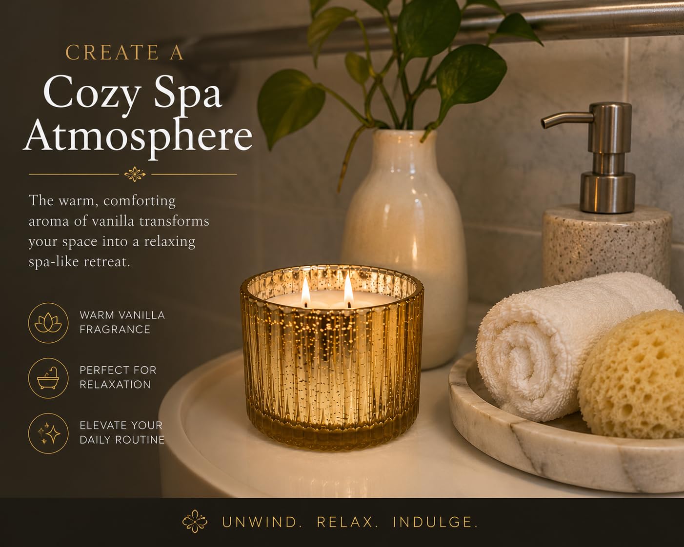Vanilla Scented Candle, 12 oz Triple Wick in Gold Mercury Glass Jar, Warm Vanilla Fragrance, Decorative Home Candle, Reusable Luxury Glass Container, Luxury Breeze
