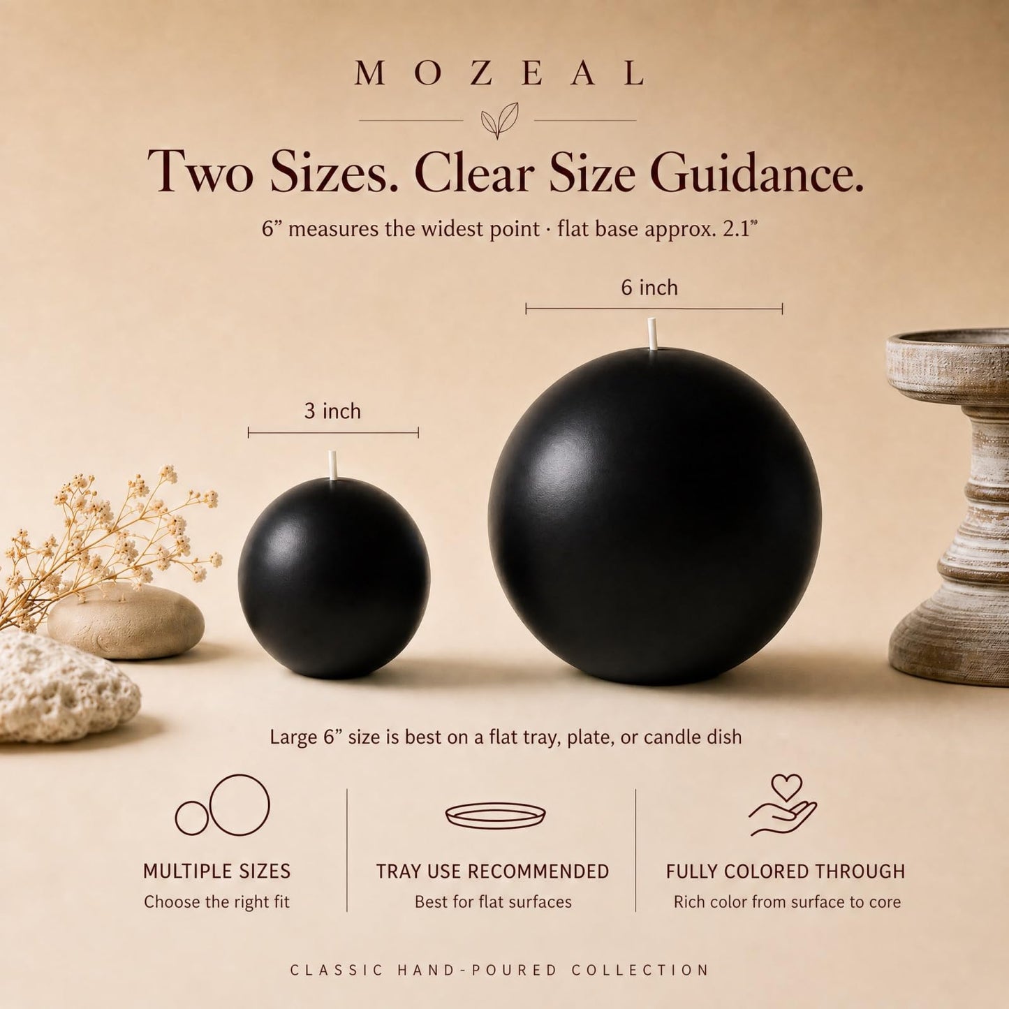 MOZEAL Hand-Poured, 3 Inch Black Round Ball Candles - Elegant Black Round Pillar Candles Set of 3, Dripless, Unscented, Smokeless, Ideal for Halloween Decor.