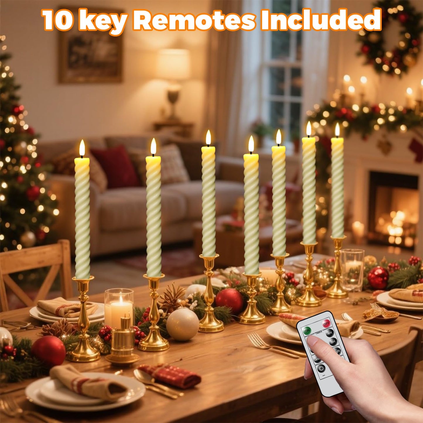 Wondise Flameless Taper Candles with Remote Timer, Real Waxy Battery Operated Flickering Spiral Candlesticks, 3D Wick LED Candles 9.6inch for Halloween Christmas Holiday Wedding Decoration (Ivory