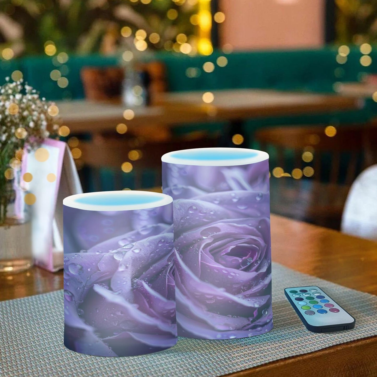 ALAZA Purple Rose Flameless Candles, LED Pillar Candles with Remote Timer, Battery Operated Candles Set of 2