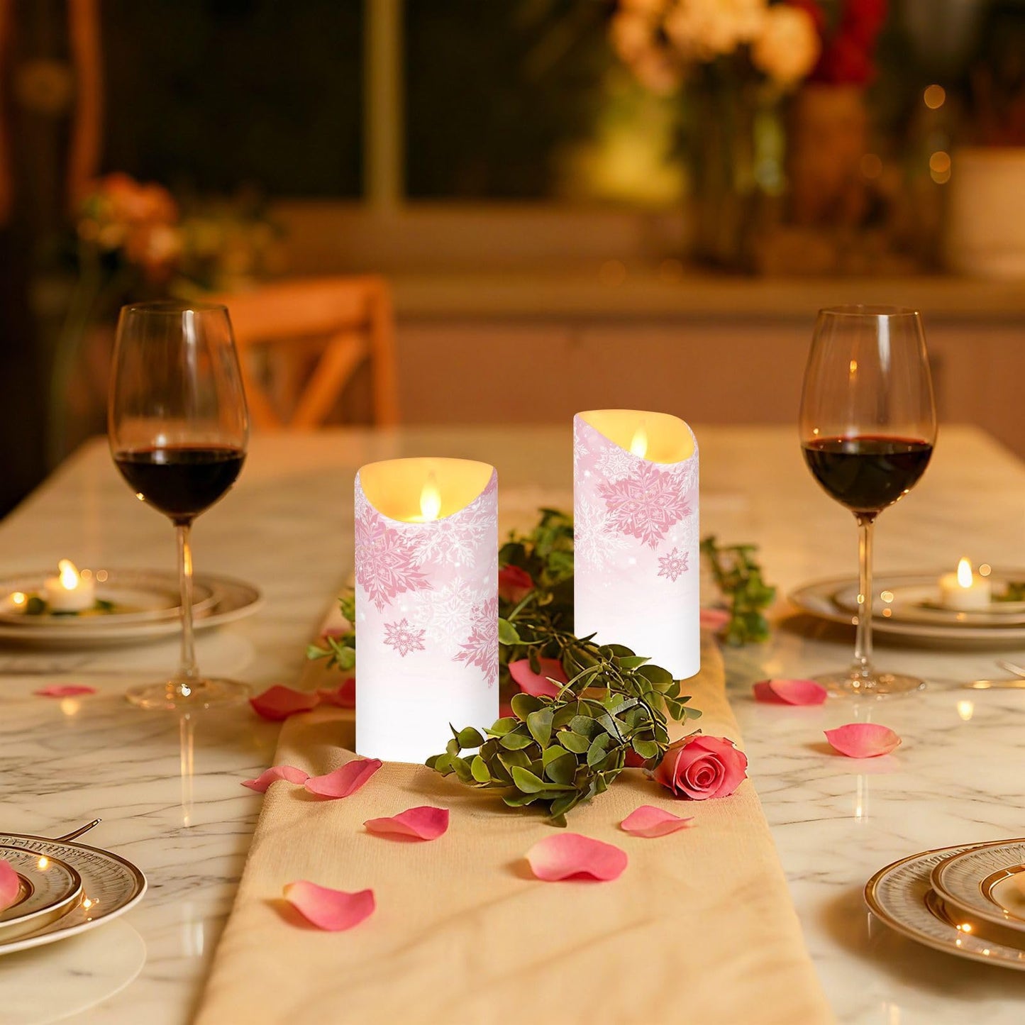 Christmas Flameless Candles Set of 2 Pink Snowflakes Realistic LED Candles with Remote Battery Operated Holiday Decorations