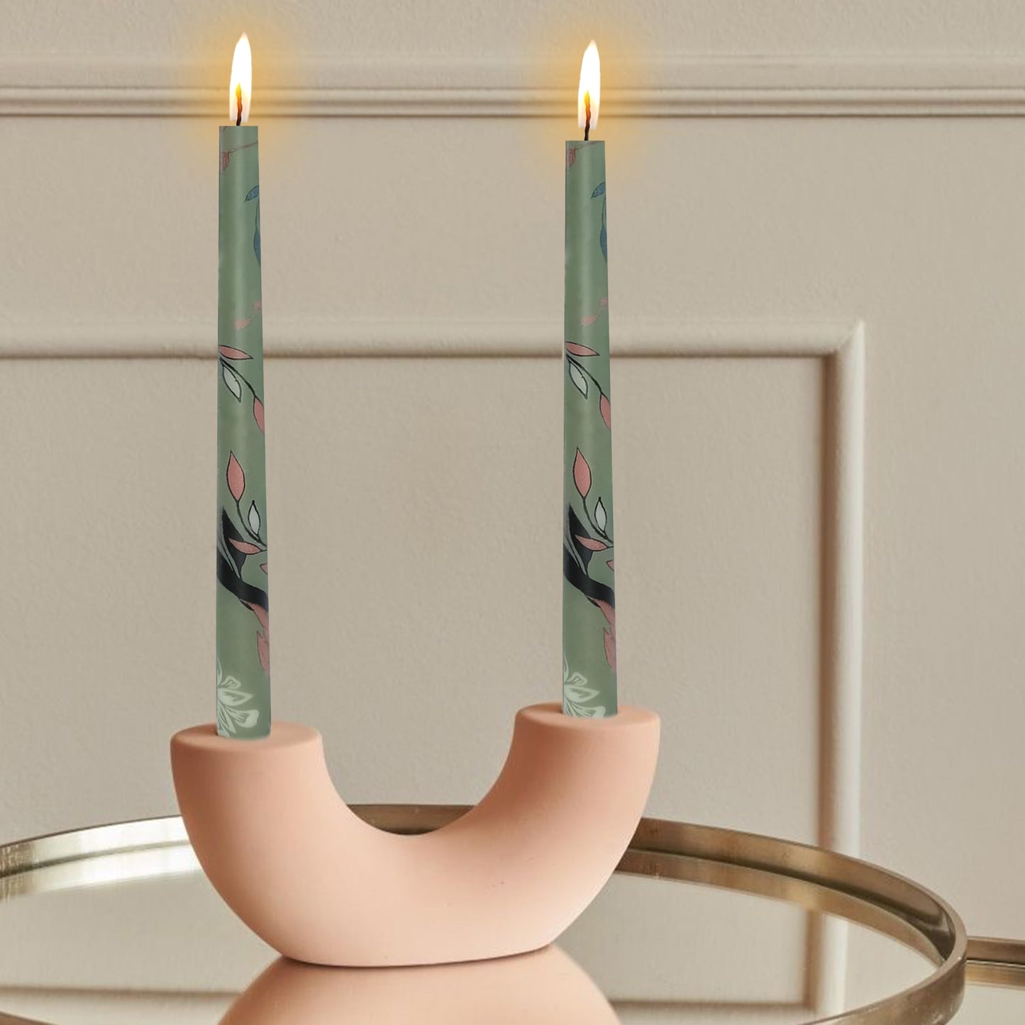 10 Inch Taper Candles Leaf Print Candle Sticks Handmade Set of 2 Unscented Long Candle Smokeless Tapered Candles for Meditation Wedding Spa(Green)