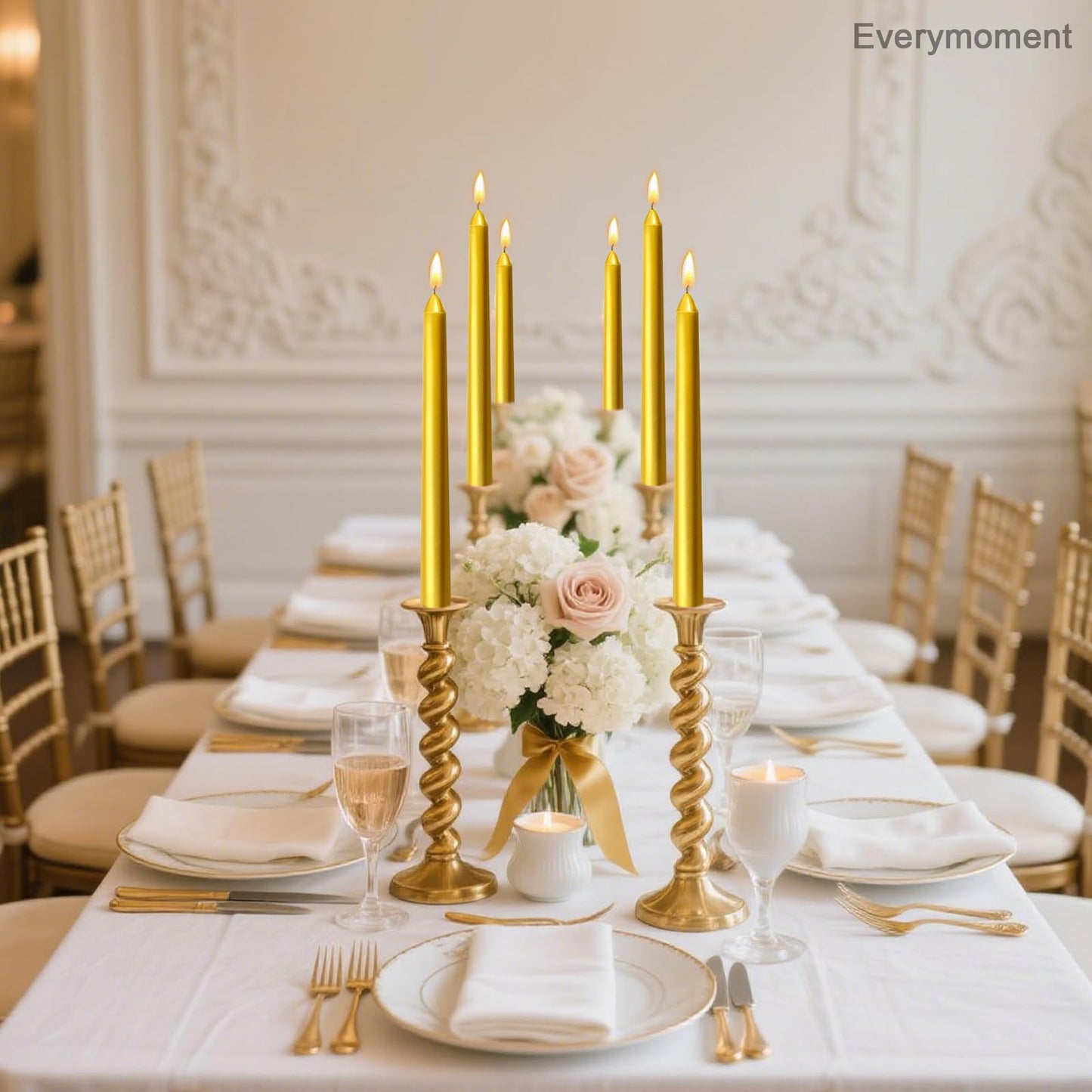 Everymoment Gold Taper Candles - 12 Pack 10 Inch Candlesticks - Dripless & Smokeless for 8 Hours - Unscented Paraffin Wax - Ideal for Wedding Christmas Anniversary New Year's Eve & Luxury Decor