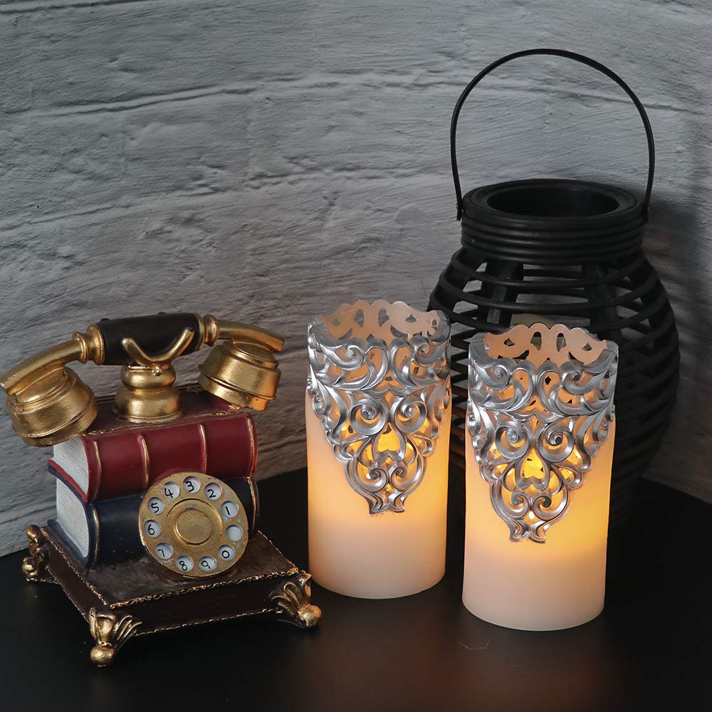 DRomance Hollow Silver Flameless Flickering Candles with 5H Timer, Battery Operated LED Pillar Candles Unscented Wax Warm Light Christmas Home Decoration(Set of 2, 3 x 6 Inches)