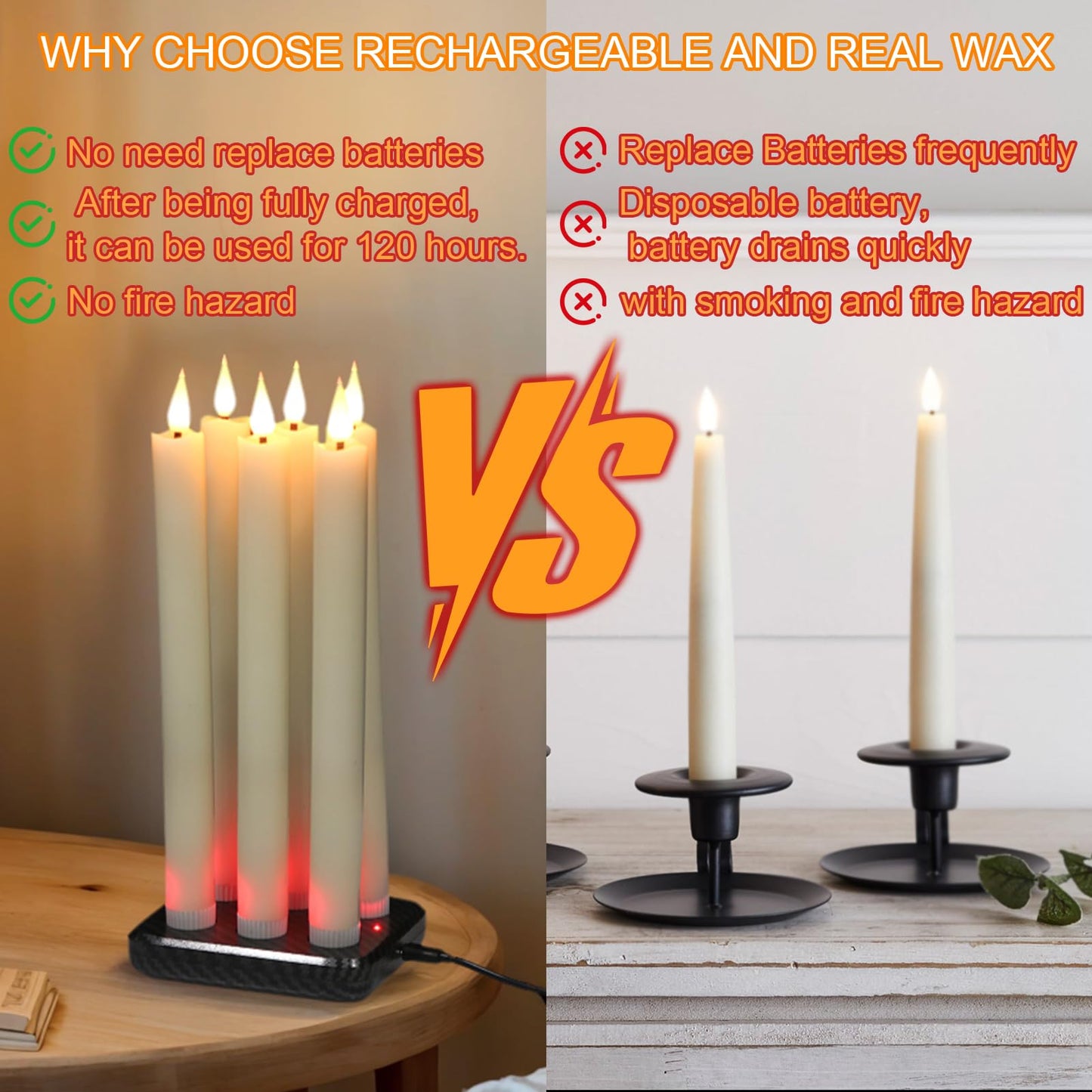GenSwin Rechargeable Flameless Taper Candles with Charging Base, 6 Pack LED Candles Battery Operated with Remote Timer, Real Wax Flameless Candlesticks for Halloween Christmas Decorations(Ivory)
