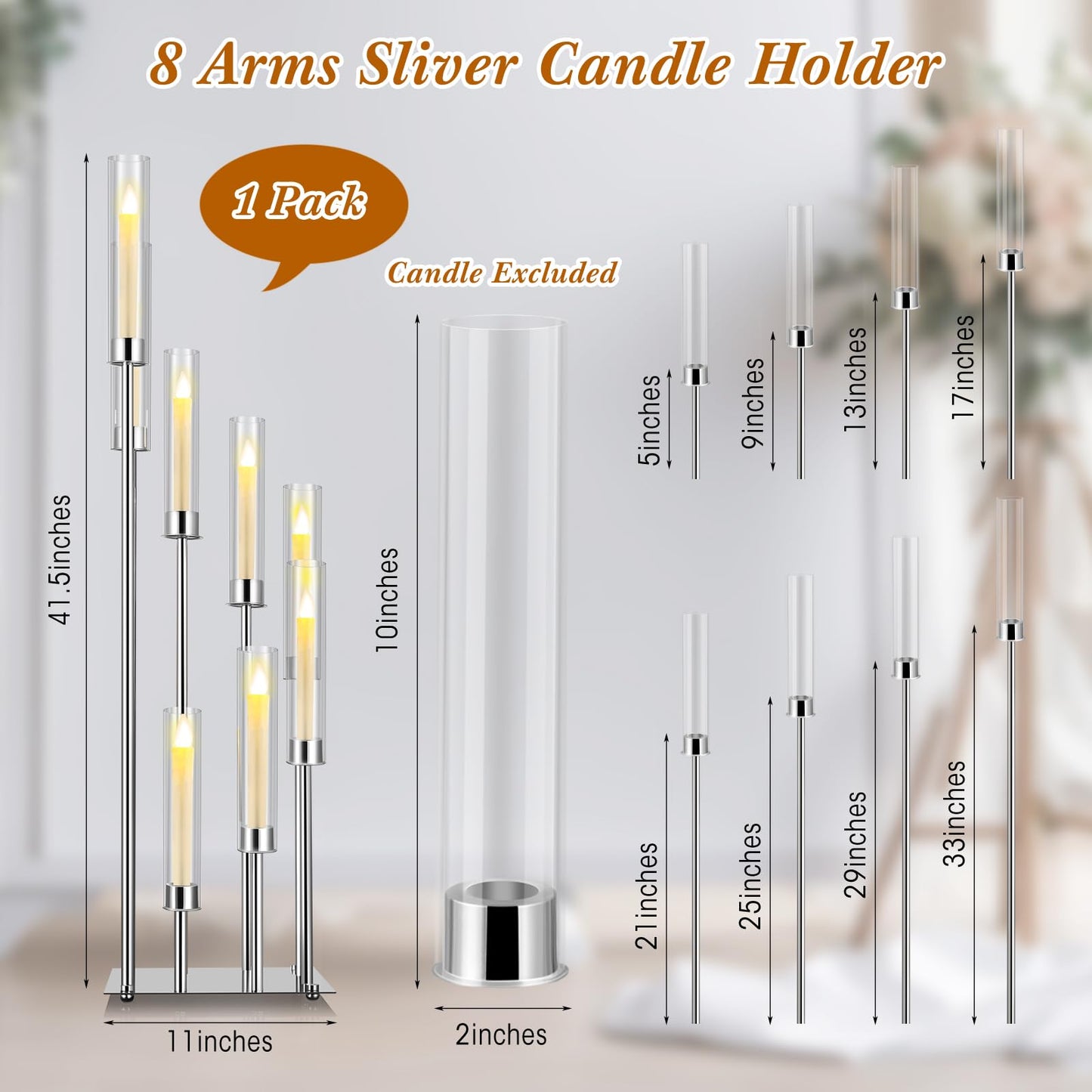 Dandat 41.5" Tall Floor Candelabras, 8-arm Cluster Standing Candle Holders with Clear Acrylic Shades, Silver Wedding Centerpiece Candelabra for Flameless/LED Taper Candles, Party & Event Decor(1 Pack)