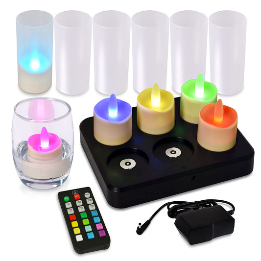 HL Flameless Candles with Remote Timer&Charging Station, 60+Hours Rechargeable Waterproof Outdoor RGB Tea Lights Colorful Candles for Valentine's Gift Halloween Christmas Home Party Decor-6pcs