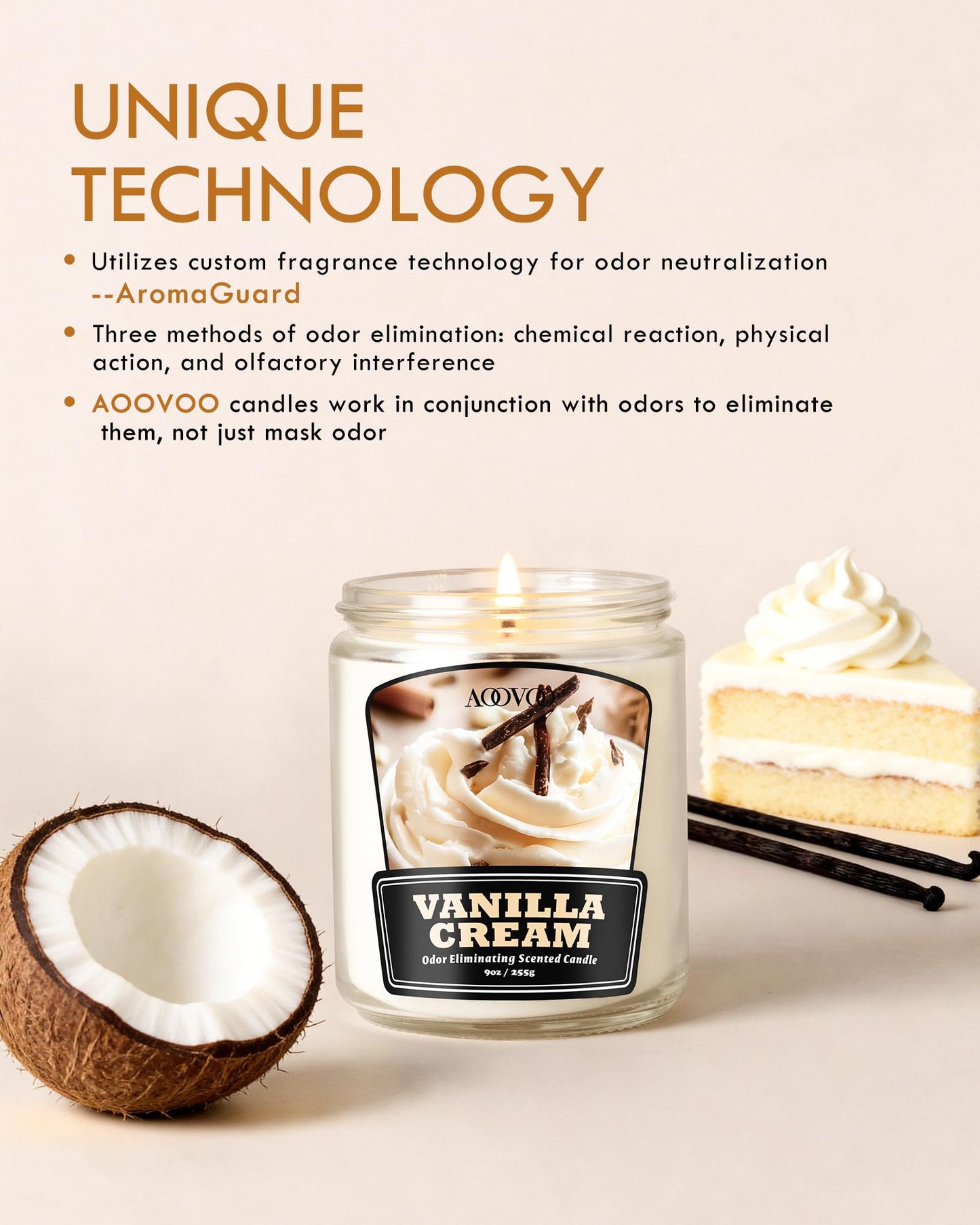 AOOVOO Vanilla Cream Odor Eliminating Candle - 9 oz Non Toxic Highly Fragranced Air Freshing Soy Candle, Eliminates 95% of Smoke, Pet, Food, and Other Smells Quickly, Up to 50 Hours Burn time