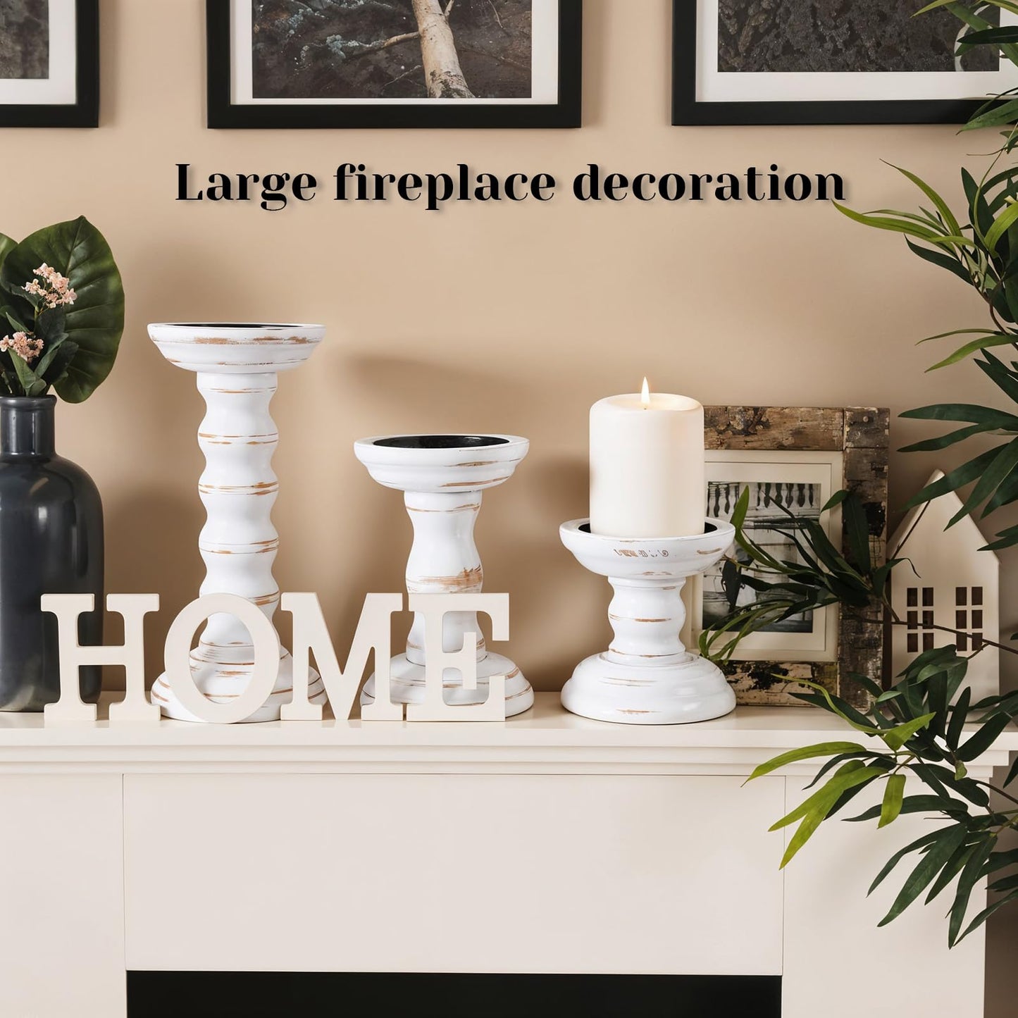 Rustic Candles Holder Set of 3 Farmhouse Wood Candle Holders Rustic Wooden Candle Stand Decorative Wood Candlestick Holdersfor Living Room, Table Centerpiece Dining Fireplace(White)