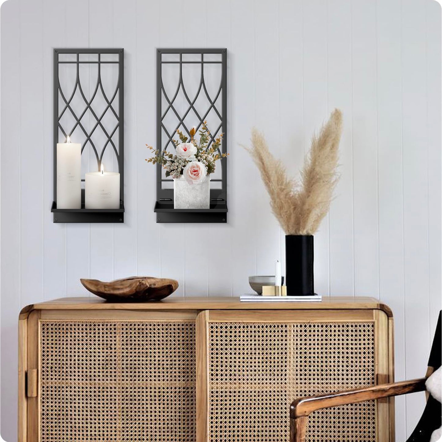 Wall Candle Holder, Black Metal Wall Art, Line Wall Candle Holder for Living Room, Dining Room, Bedroom, Bathroom (2 Pack, 16.5 x 7 in)