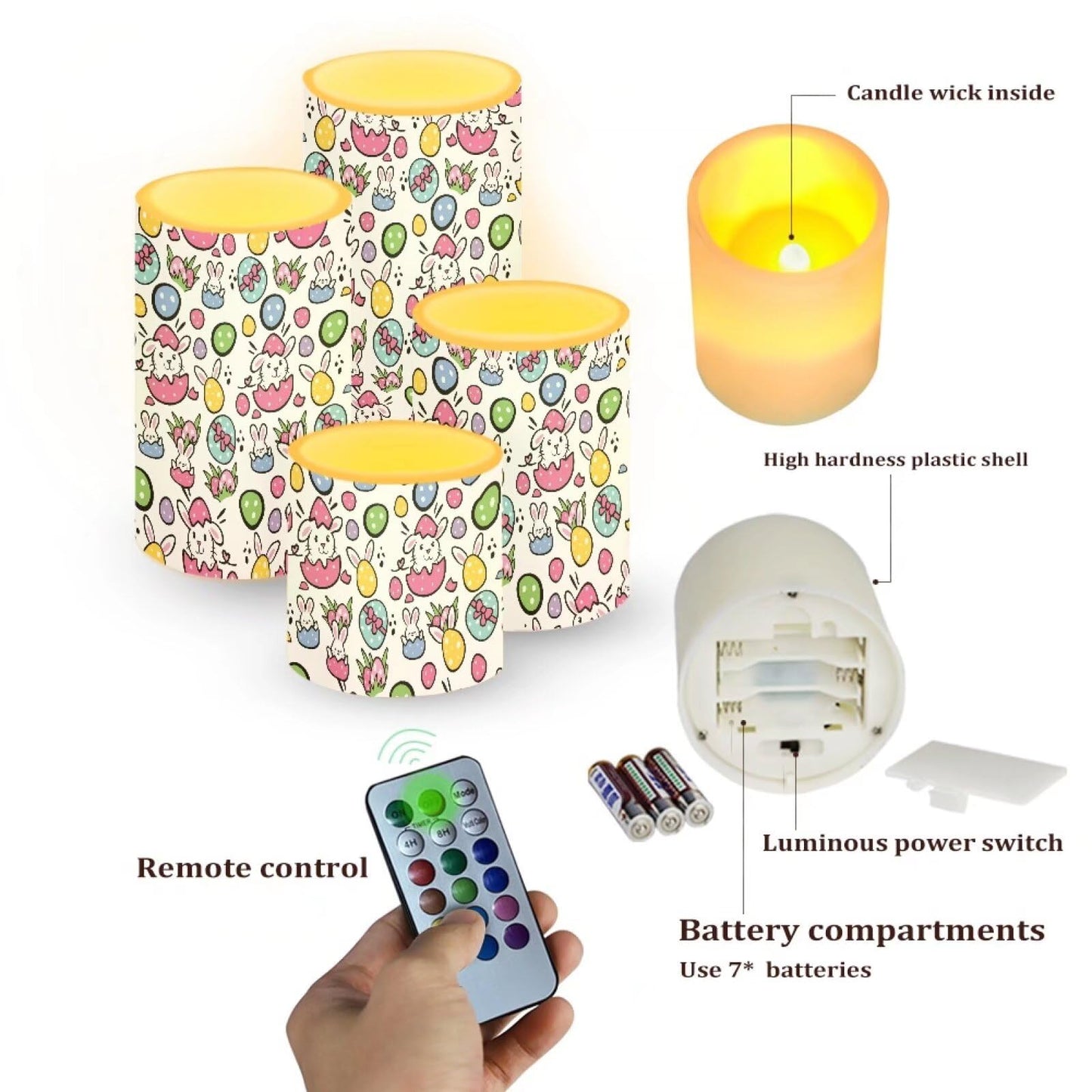 NETILGEN Happy Easter Day Cartoon Rabbits LED Flameless Candles Set Pack of 4 with Remote Control Timer, Dancing Flame Pillar Candles for Indoor Home Decoration