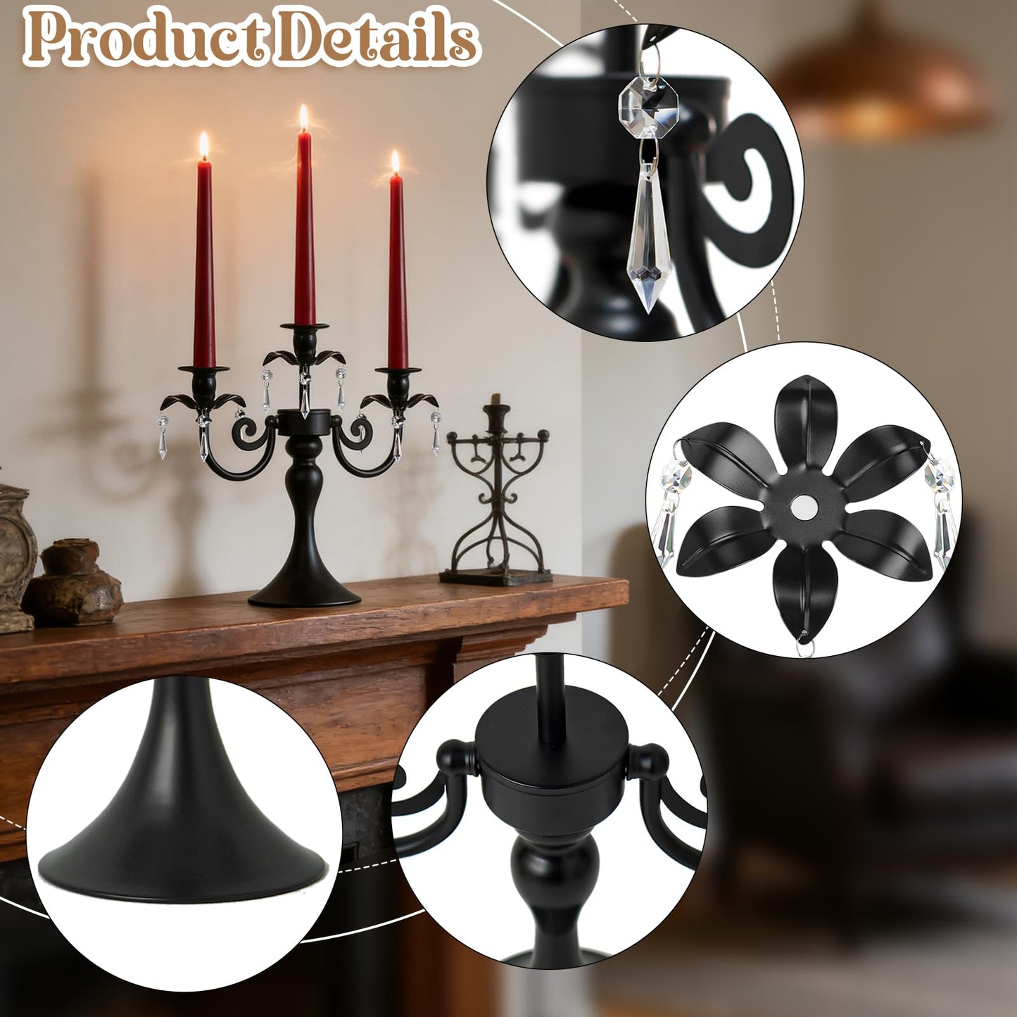 KEHAIL Metal 3 Arm Candelabra with Crystal Pendants - 11.8 Inch Tall Candle Holders, Set of 2 - Elegant Taper Candlestick Stand for Wedding, Dining Table, Christmas Party Home Decoration (2, Black)