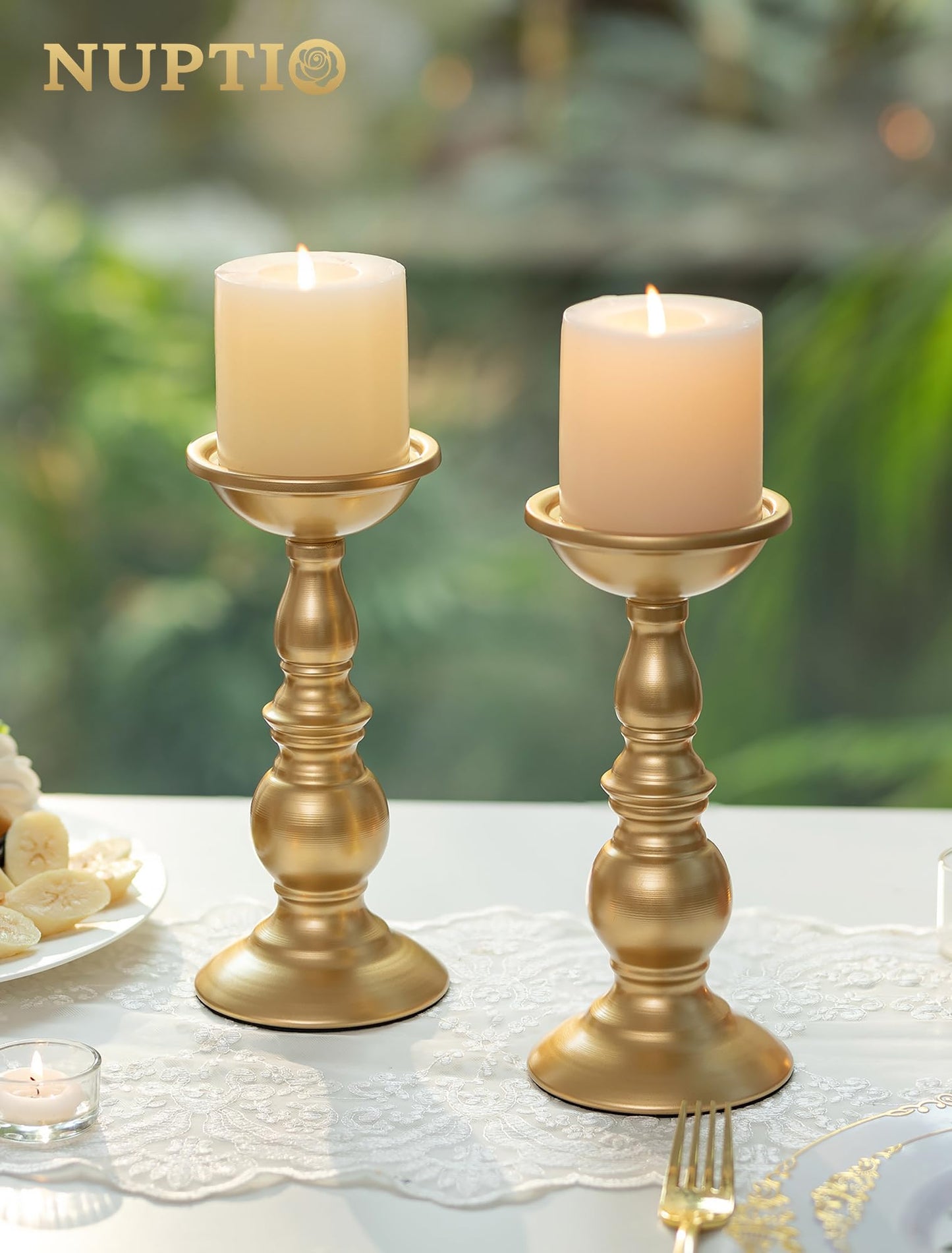 Set of 2 Gold Candlestick Metal Pillar Candle Holders, Flameless Candlestick Holders Stand Centerpieces Decoration Ideal for Weddings, Special Events, Parties