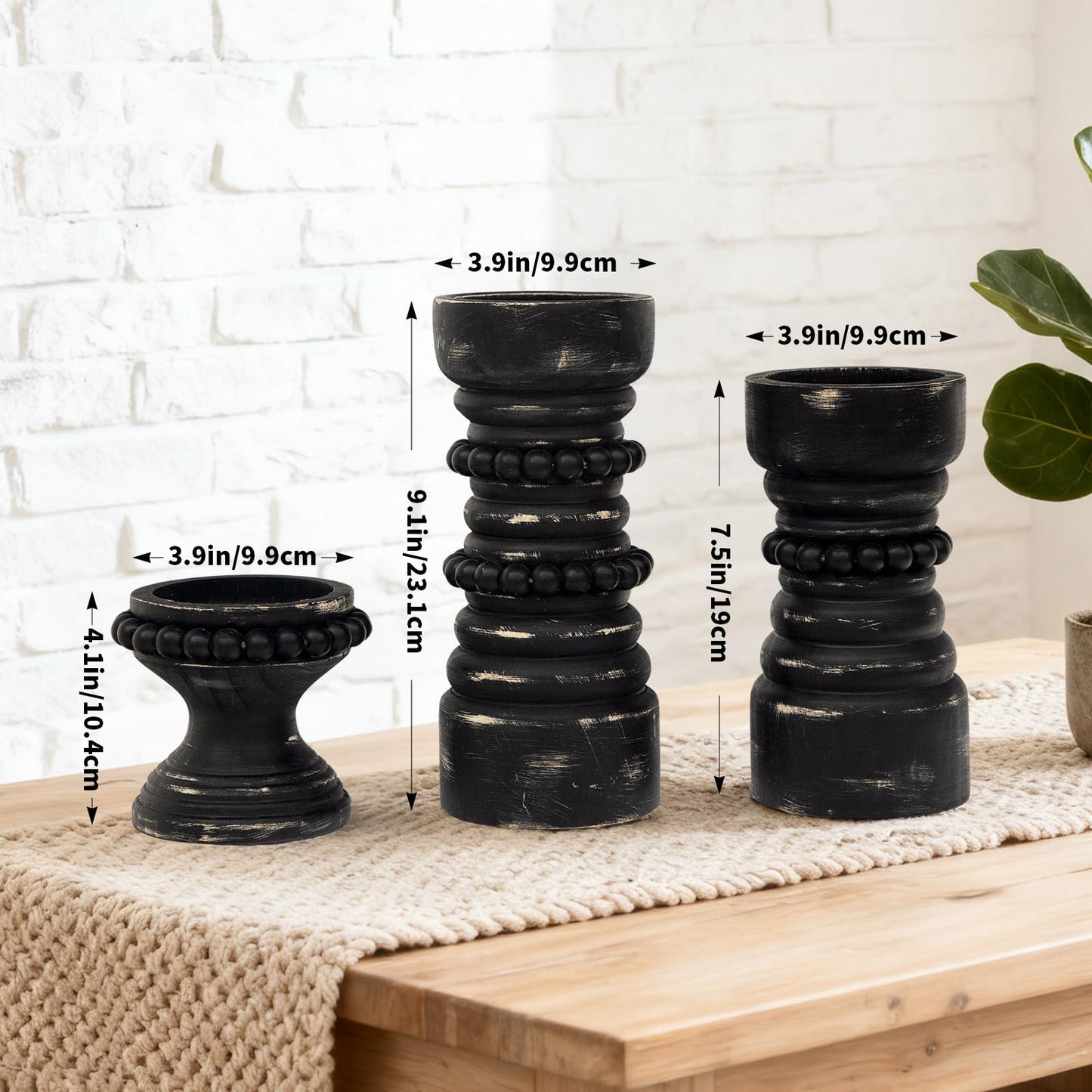 MODE HOME Rustic Black Wood Candle Holders Set of 3, Farmhouse Beaded Wood Pillar Candle Holder, Candle Holders for Pillar Candles & Candlesticks, Candle Sticks Holder Decor for Table Centerpiece