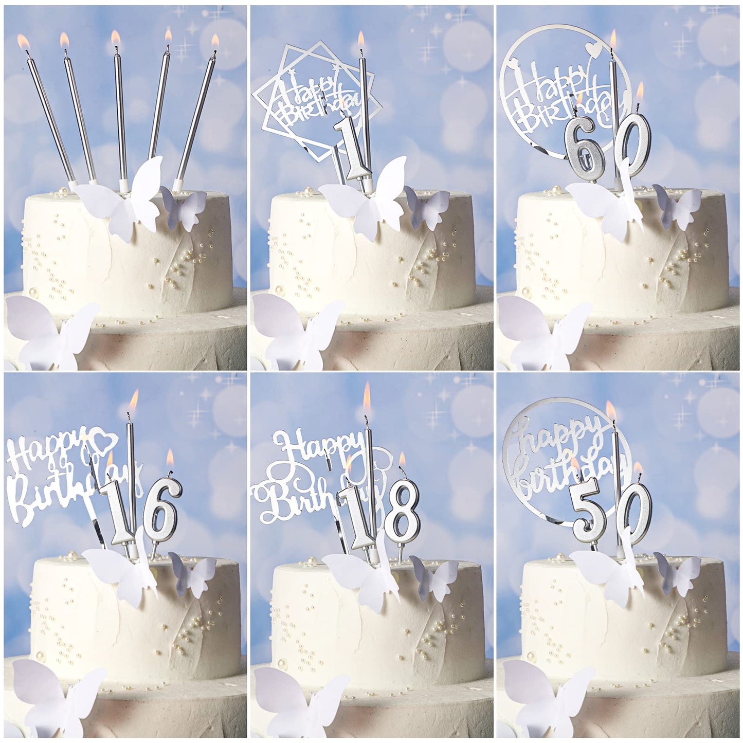 Shihanee 84 Pcs Birthday Cake Toppers Decorations Long Thin Metallic Birthday Candles Bulk Number Candles 0-9 DIY Cake Decor for Wedding Anniversary Party(Silver)