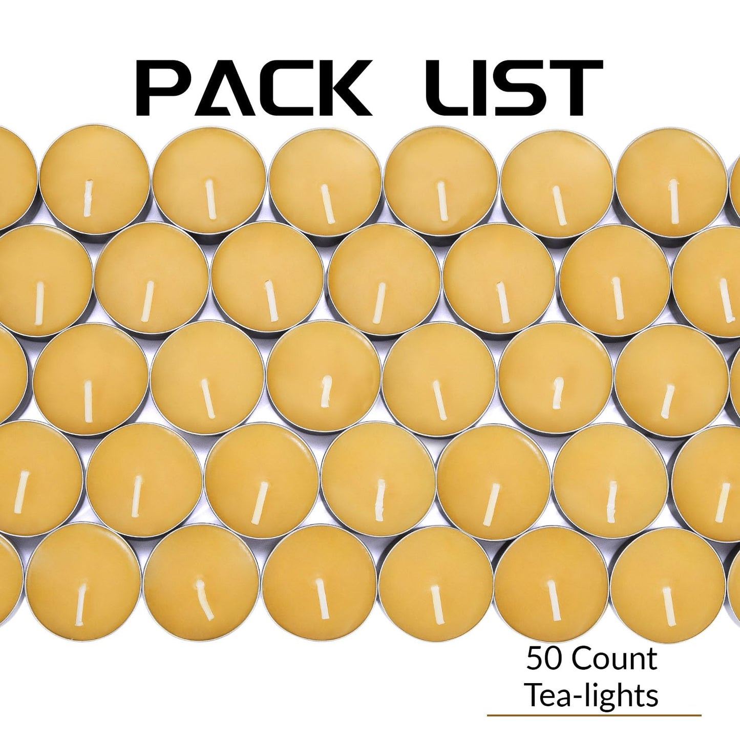 Natural Organic Beeswax Tea Candles in Metal Aluminum Cup - Small Candle Bulk Natural Scent Smokeless 4-5 Hours Long Burning - Yellow, Pack of 50