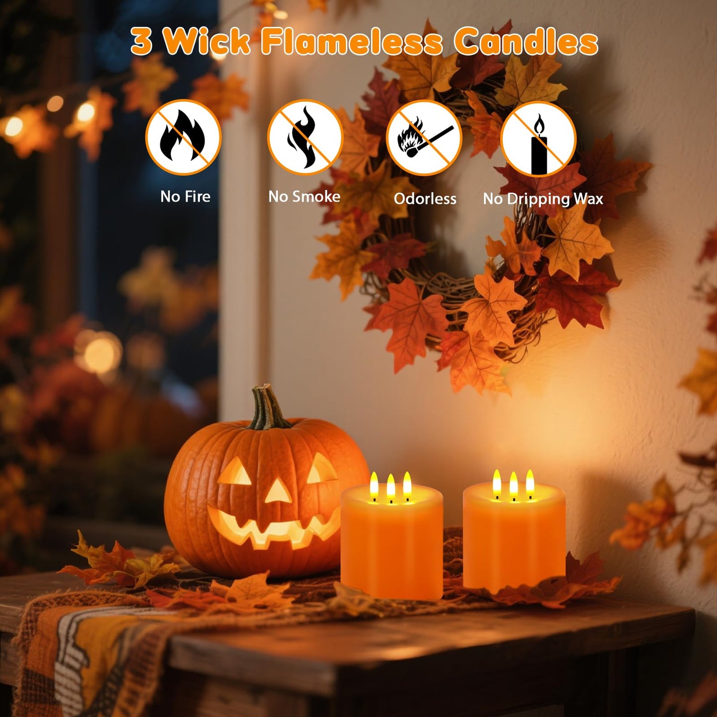 Large 3 Wick Flameless Candles, 4"x4" Flickering LED Candles with Remote & Timer, Dimmable Real Wax Pillar Candles Battery Operated, Orange Candles for Fall Thanksgiving Halloween Decor (Orange)
