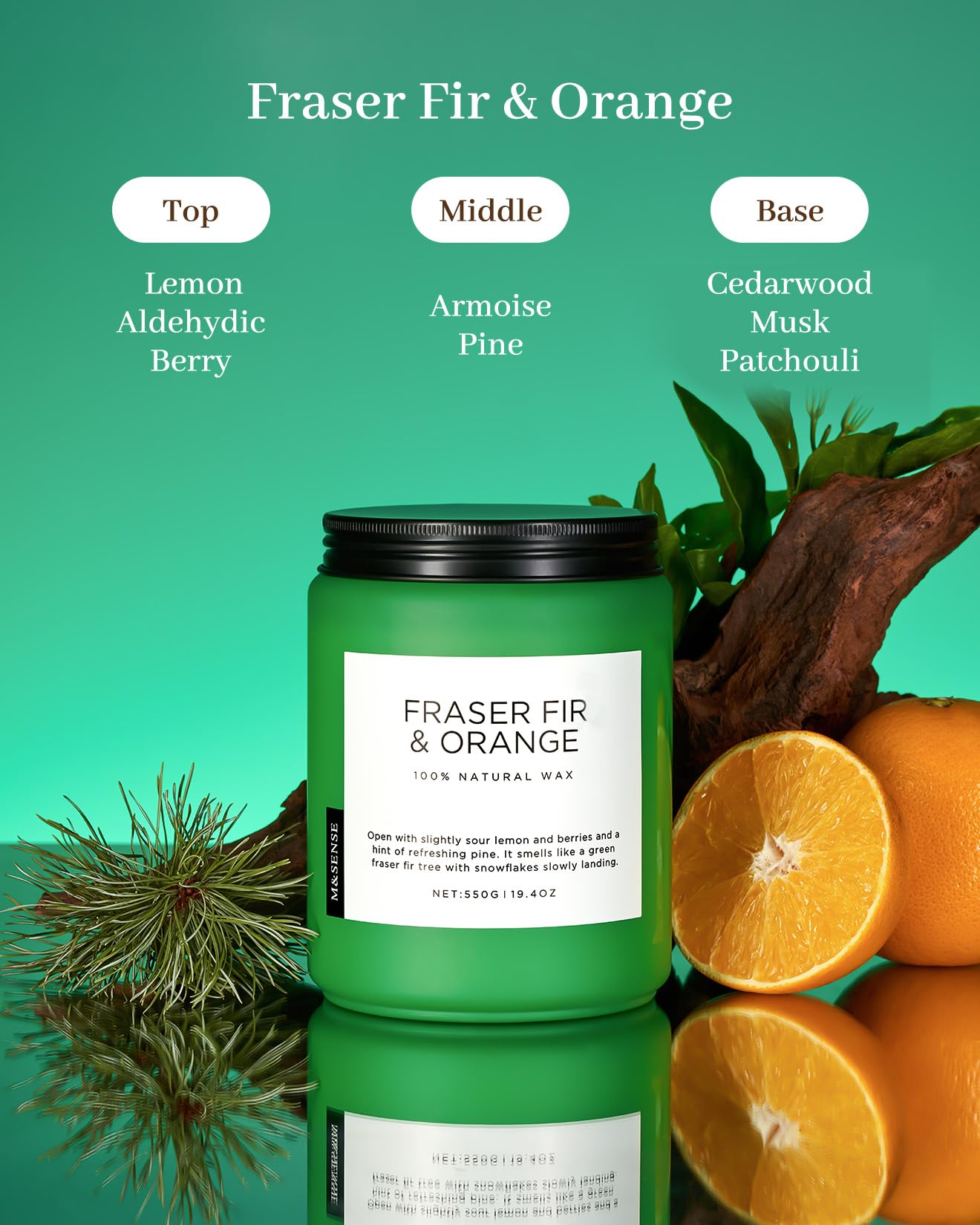 M&SENSE Fraser Fir Pine Scented Candles Large Green Candle for Home 19.4oz 110 Hour Clean Non Toxic Long Lasting Organic Natural Soy Wax Highly Scented Holiday Candle Gifts for Home Decor